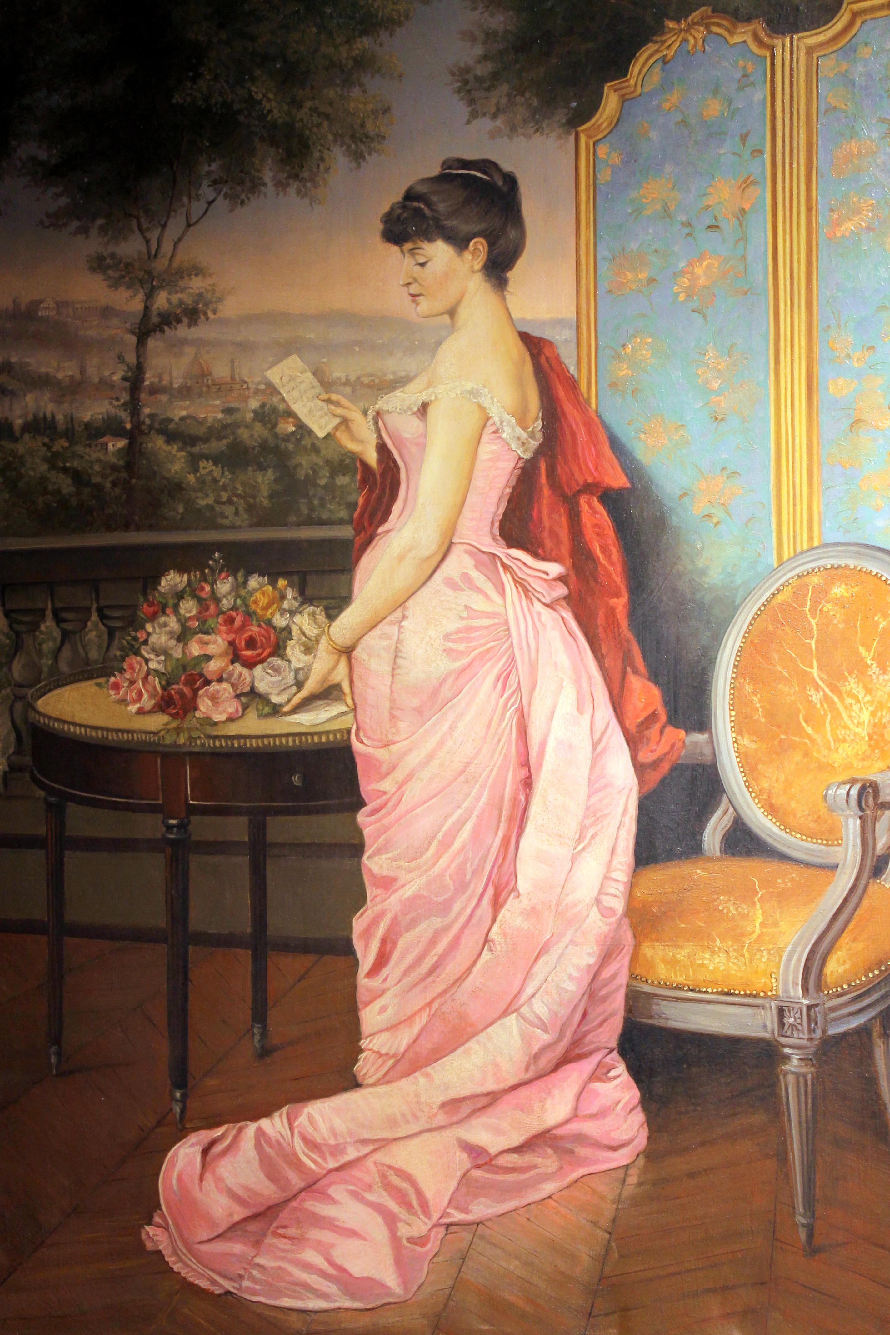Portrait d'une femme italienne avec un paysage de Florence, huile sur toile - Marron Figurative Painting par Unknown