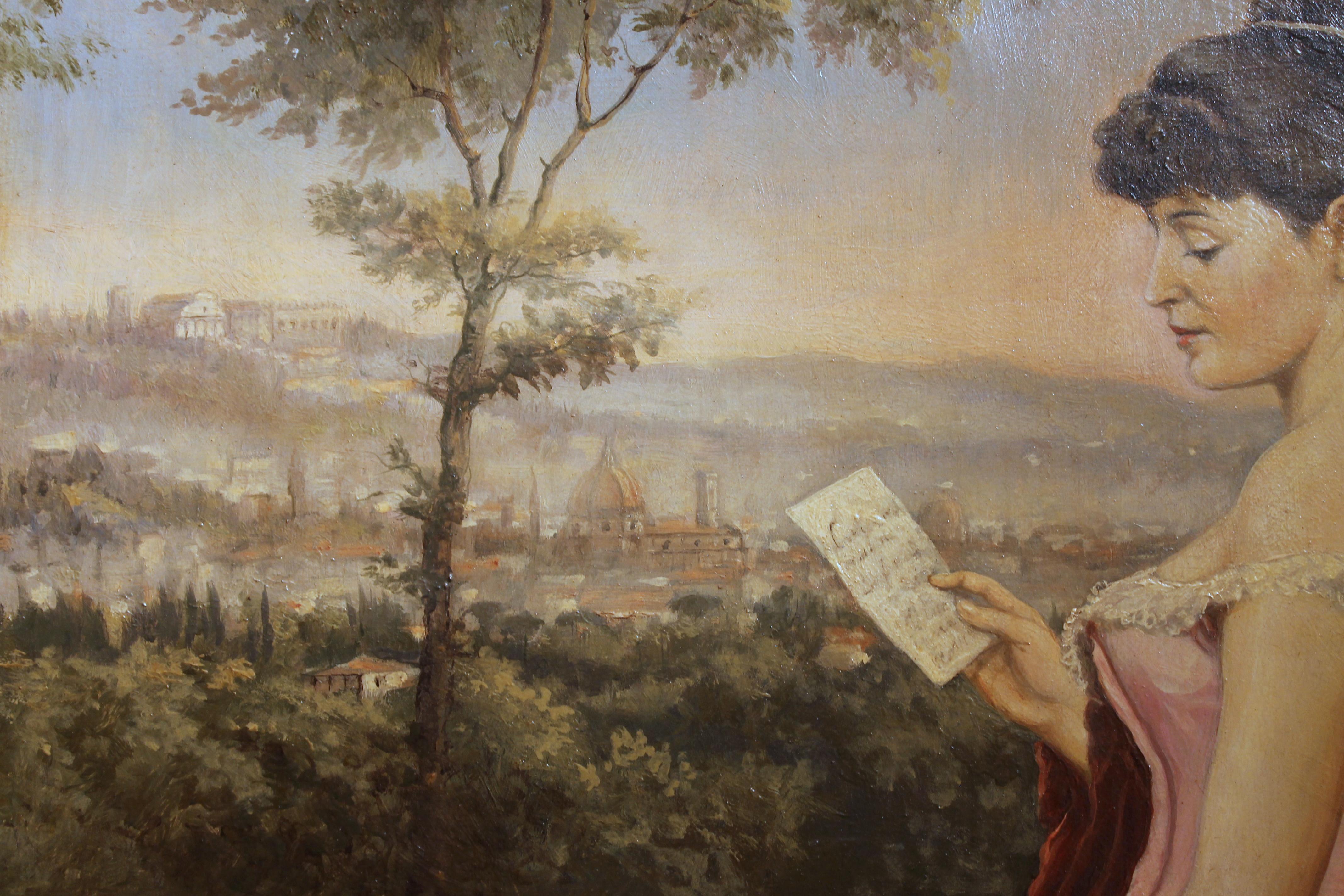 The landscape with the hills of Florence, its monuments and Brunelleschi's cathedral serve as an elegant backdrop for this romantic portrait of an elegant Italian lady. The woman painted in an off-the-shoulder pink evening gown is reading a love