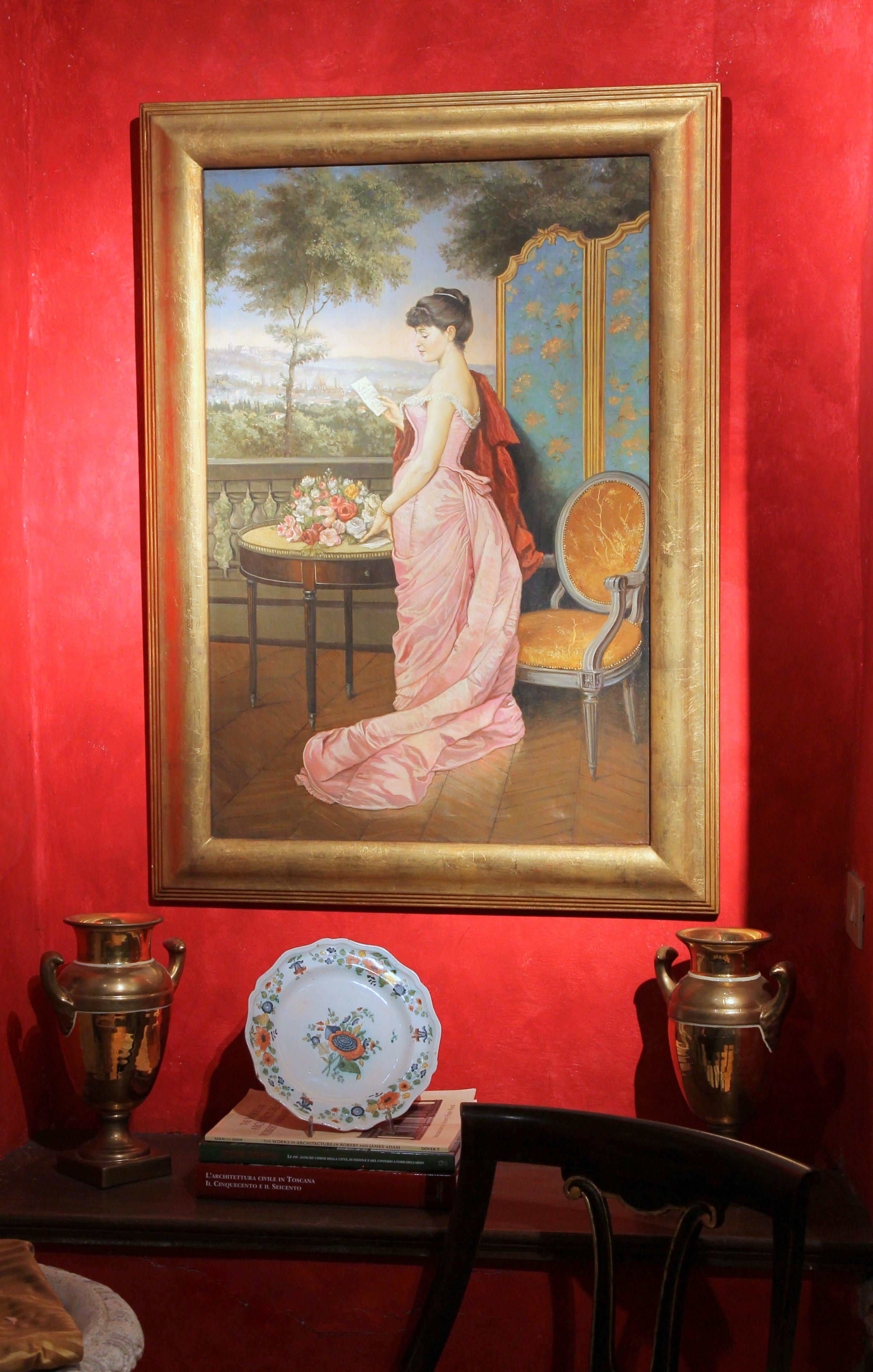 Portrait d'une femme italienne avec un paysage de Florence, huile sur toile 4