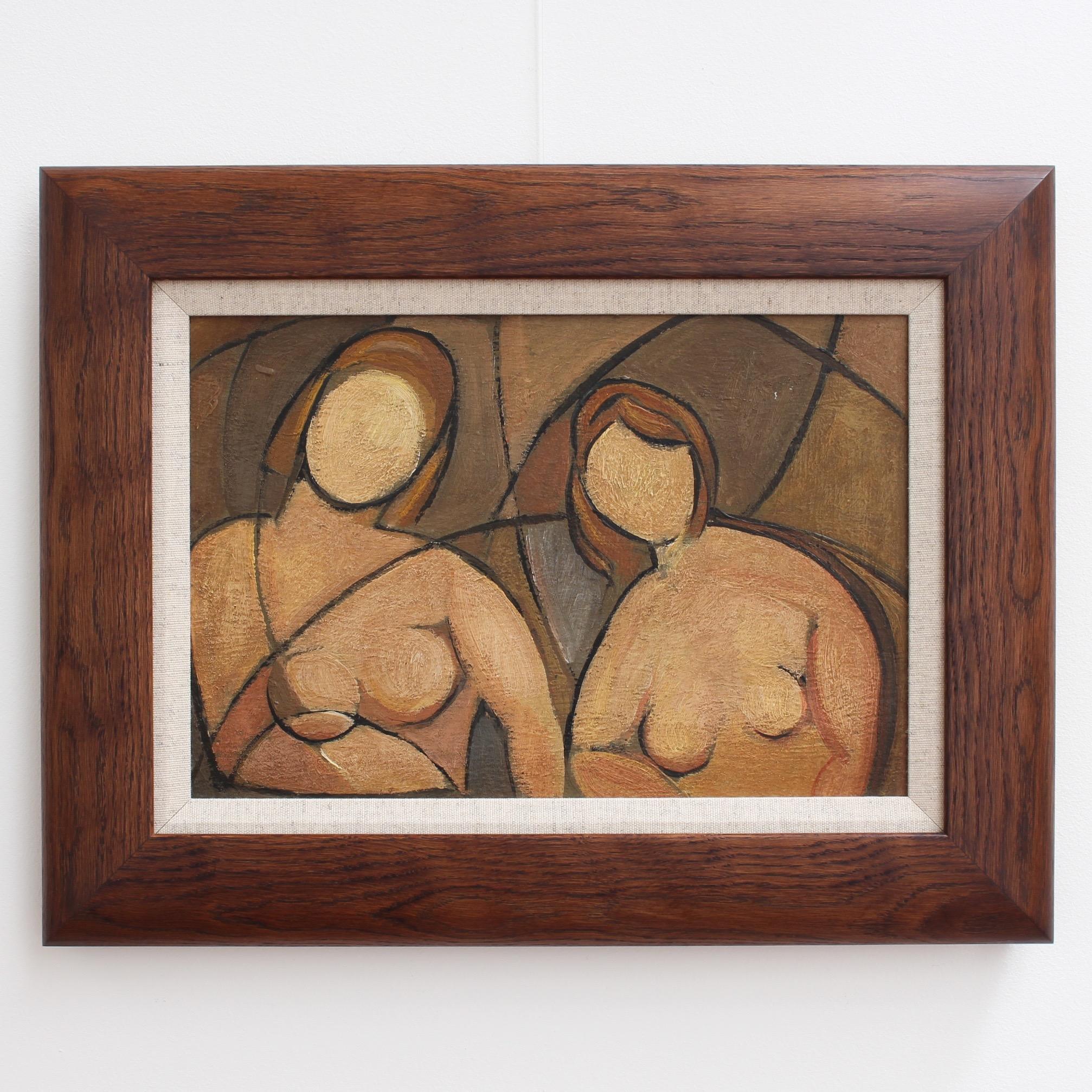 'Portrait of Mysterious Women', Mid-century Modern Cubist Oil Painting, Berlin - Brown Nude Painting by Unknown