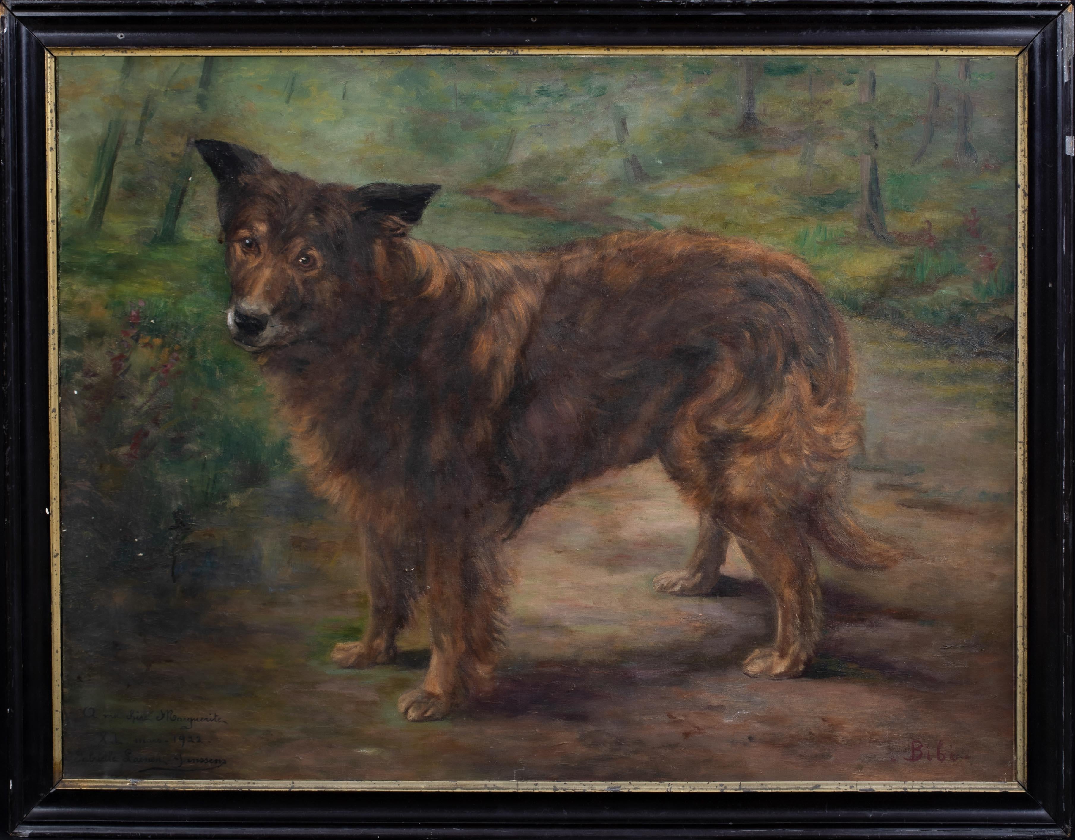 Unknown Landscape Painting - Portrait of "Bibi", A French Sheepdog, dated 1922  by Gabrielle Lauren-Janssens