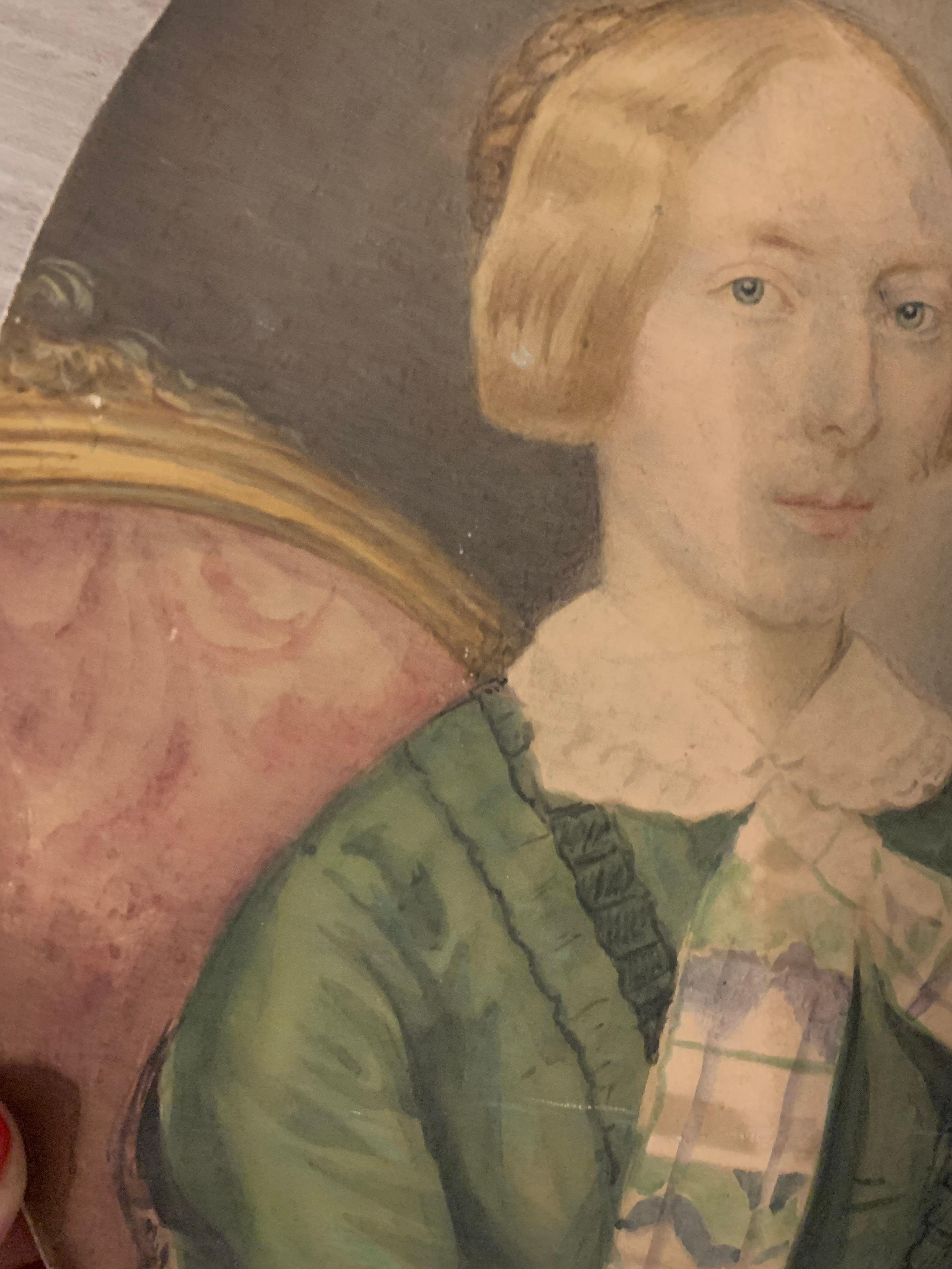 Portrait of blonde girl with green dress on paper. SIgnés and Dated 1851. For Sale 7