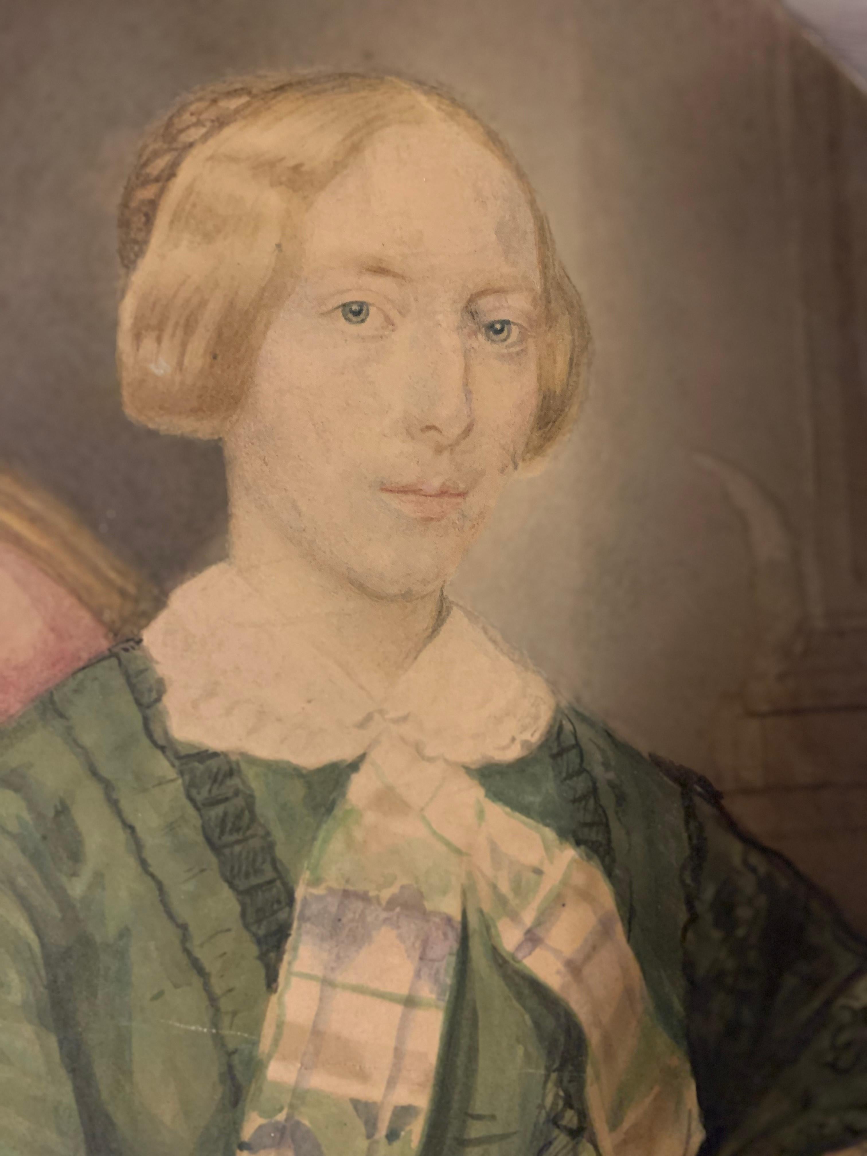 Porträt eines blonden Mädchens mit grünem Kleid auf Papier. SIgnés und datiert 1851. im Angebot 8