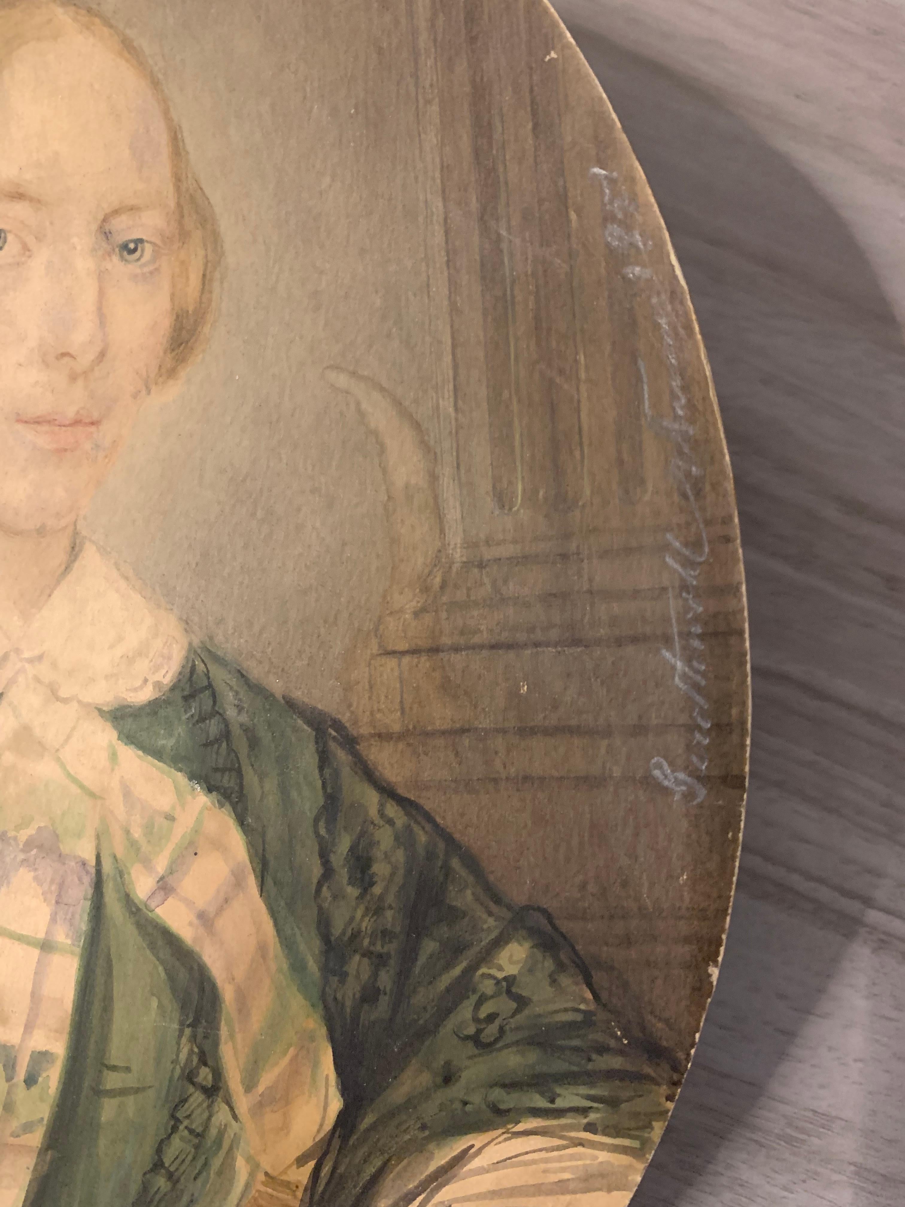 Portrait of blonde girl with green dress on paper. SIgnés and Dated 1851. For Sale 9