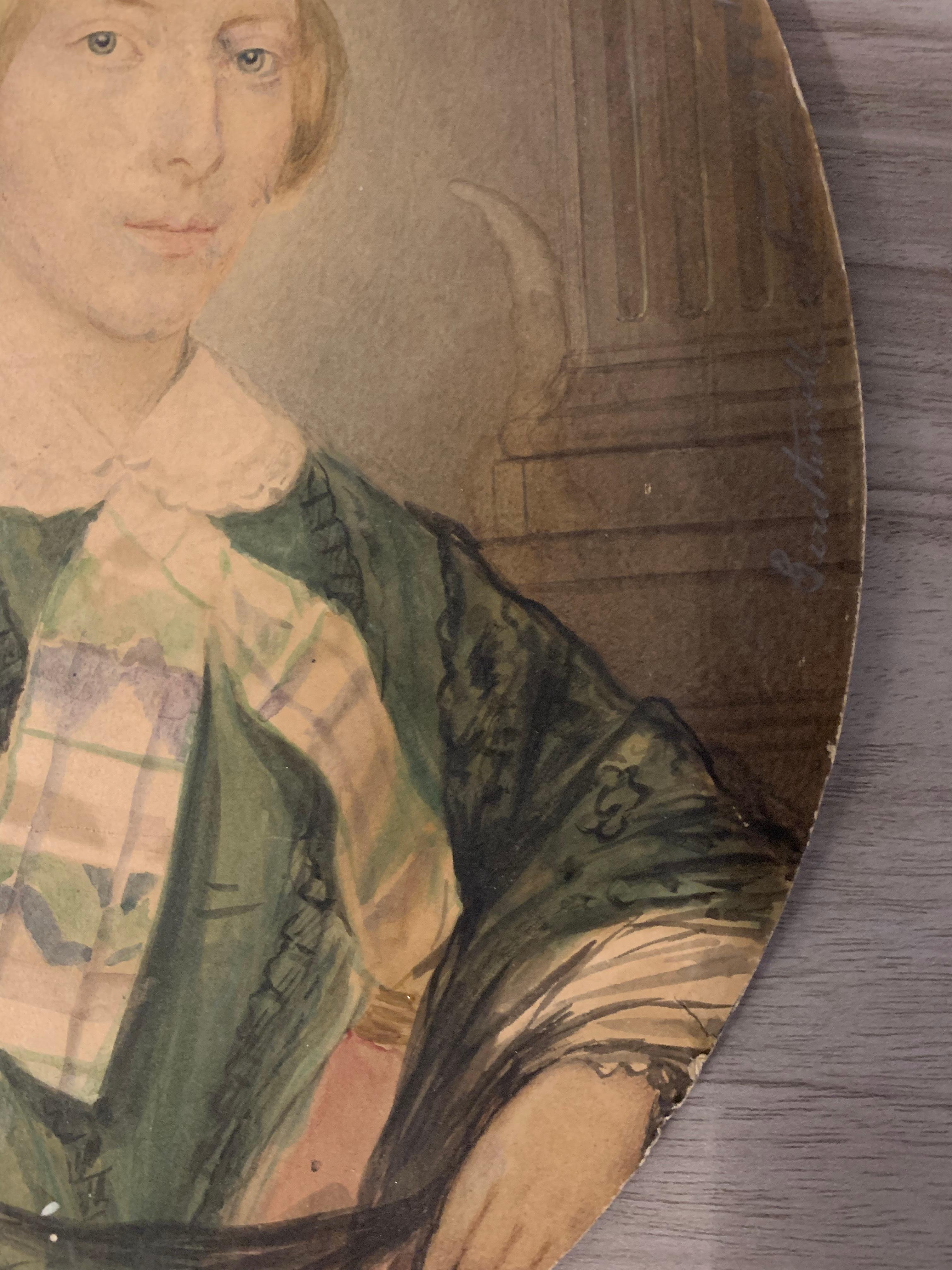 Portrait of blonde girl with green dress on paper. SIgnés and Dated 1851. For Sale 10