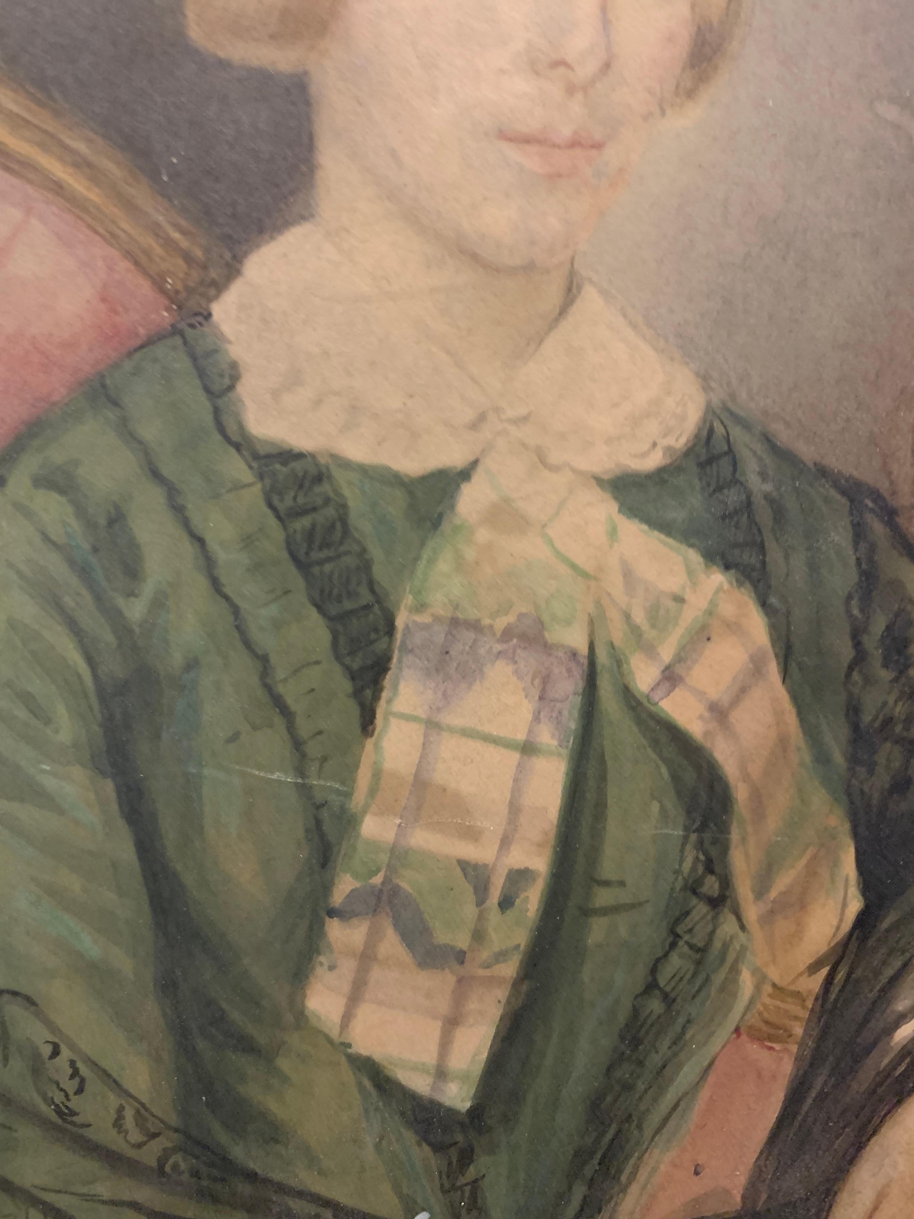 Portrait d'une jeune fille blonde avec une robe verte sur papier. SIgnés et datés de 1851. - Painting de Unknown