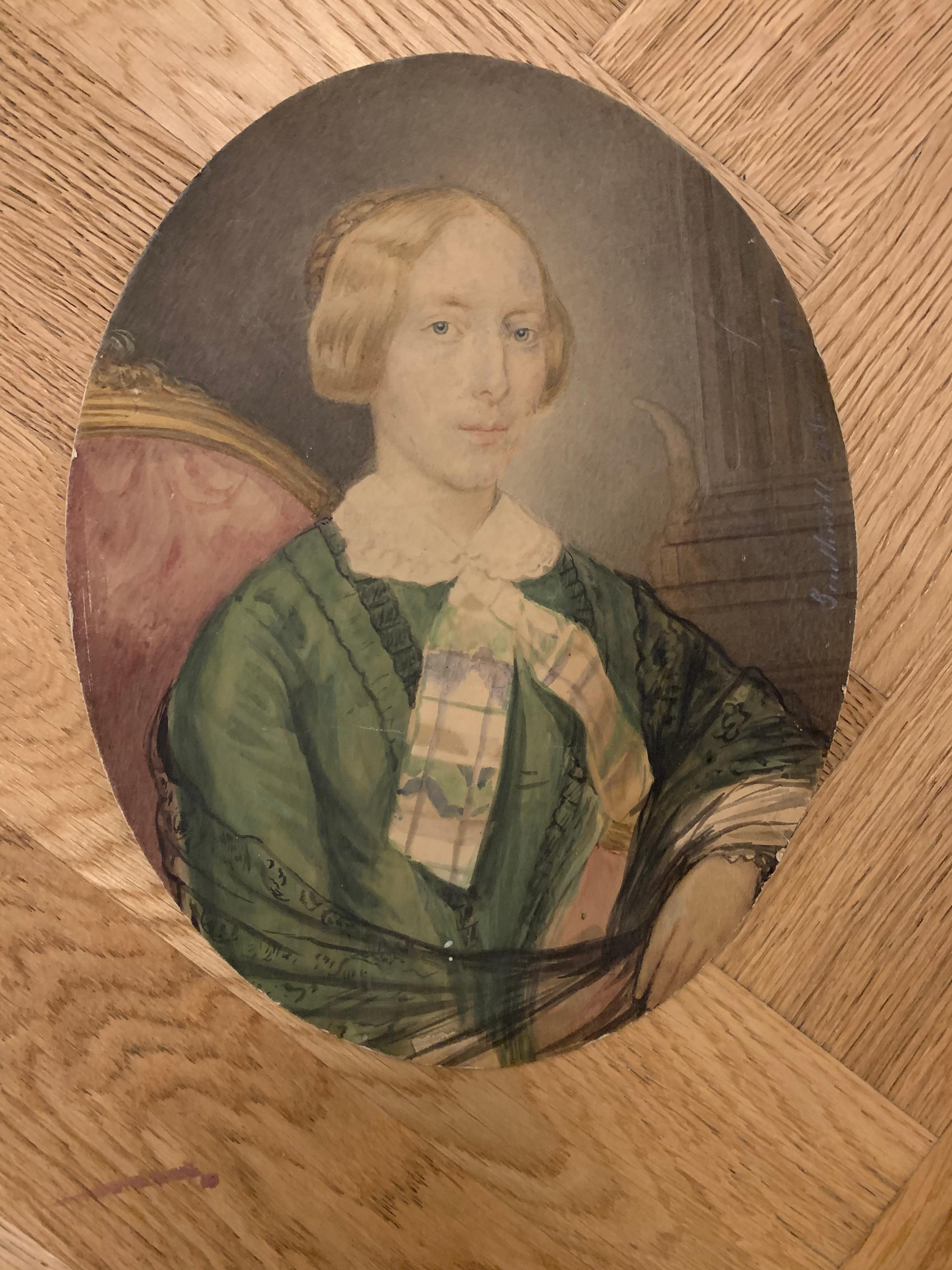 Portrait of blonde girl with green dress on paper. Dated 1851.
Technique: watercolor and pencil on painter's cardboard.
Some defects ( please see photos). 
Partially legible signature on the right edge in the center.
Date 1851.
Girl with Nordic