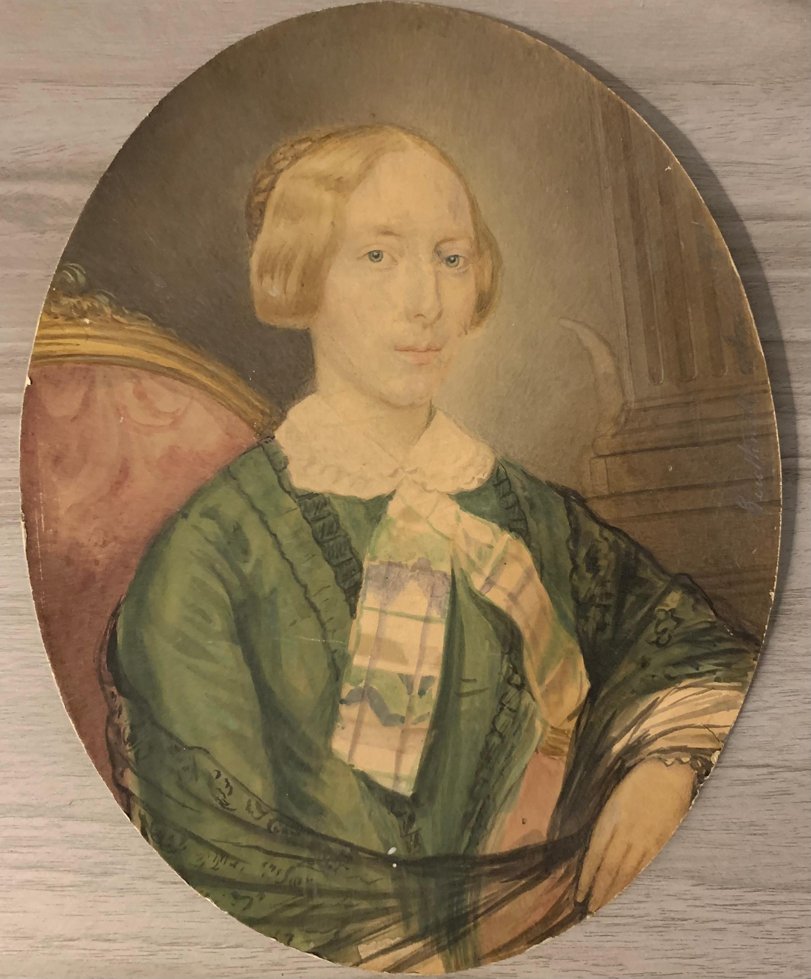 Portrait of blonde girl with green dress on paper. SIgnés and Dated 1851. For Sale 3