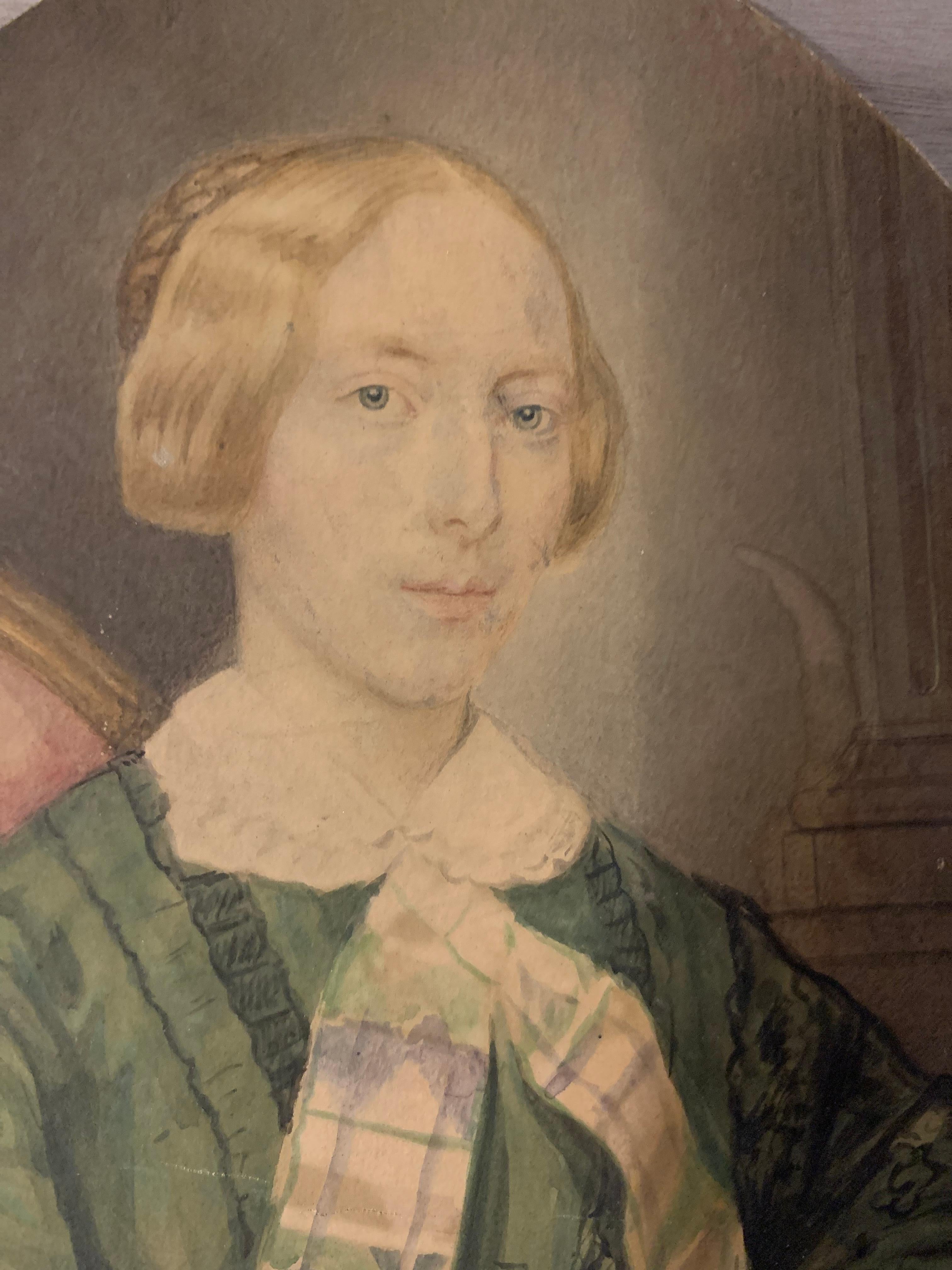 Portrait of blonde girl with green dress on paper. SIgnés and Dated 1851. For Sale 4