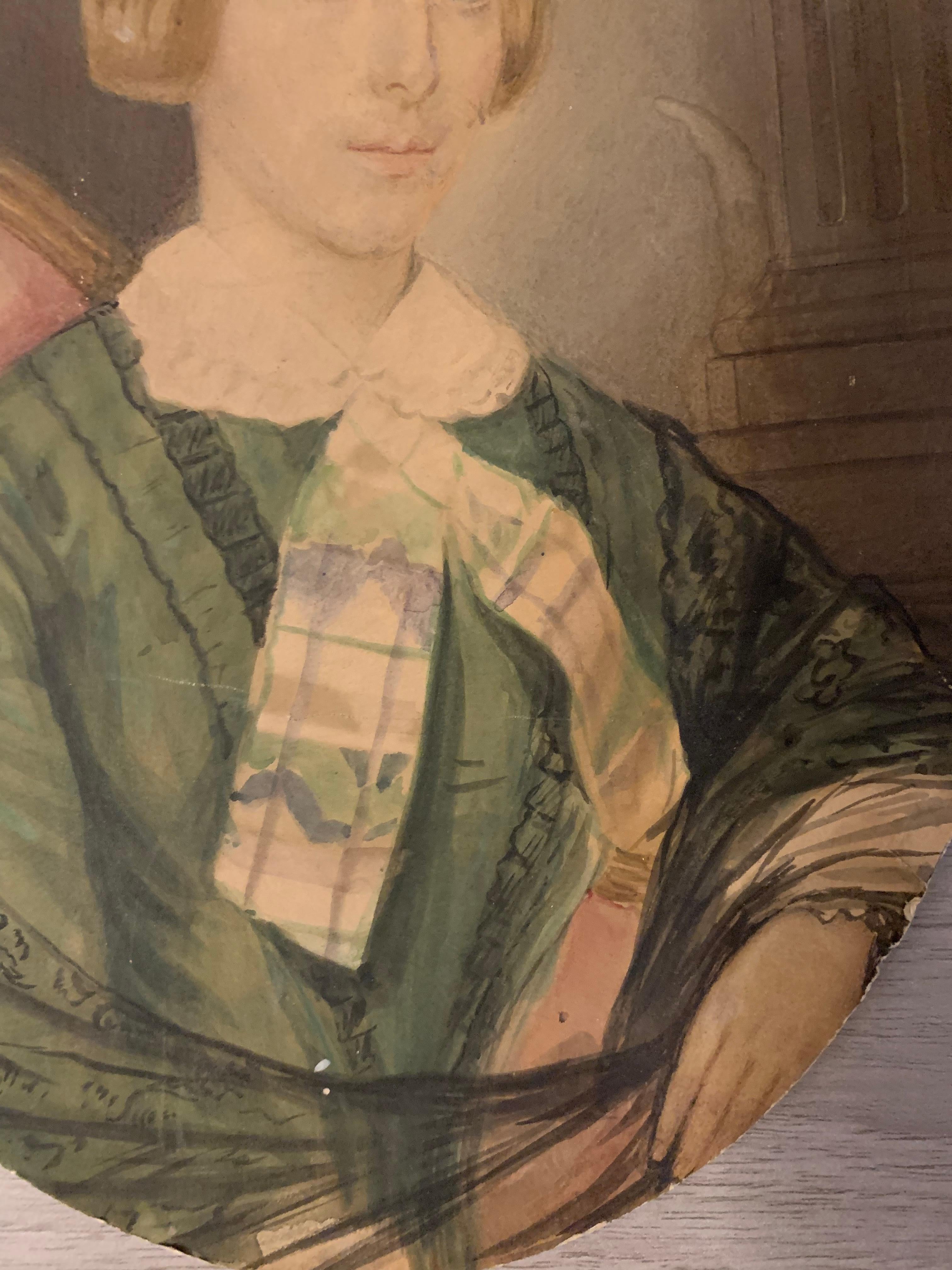 Portrait of blonde girl with green dress on paper. SIgnés and Dated 1851. For Sale 5