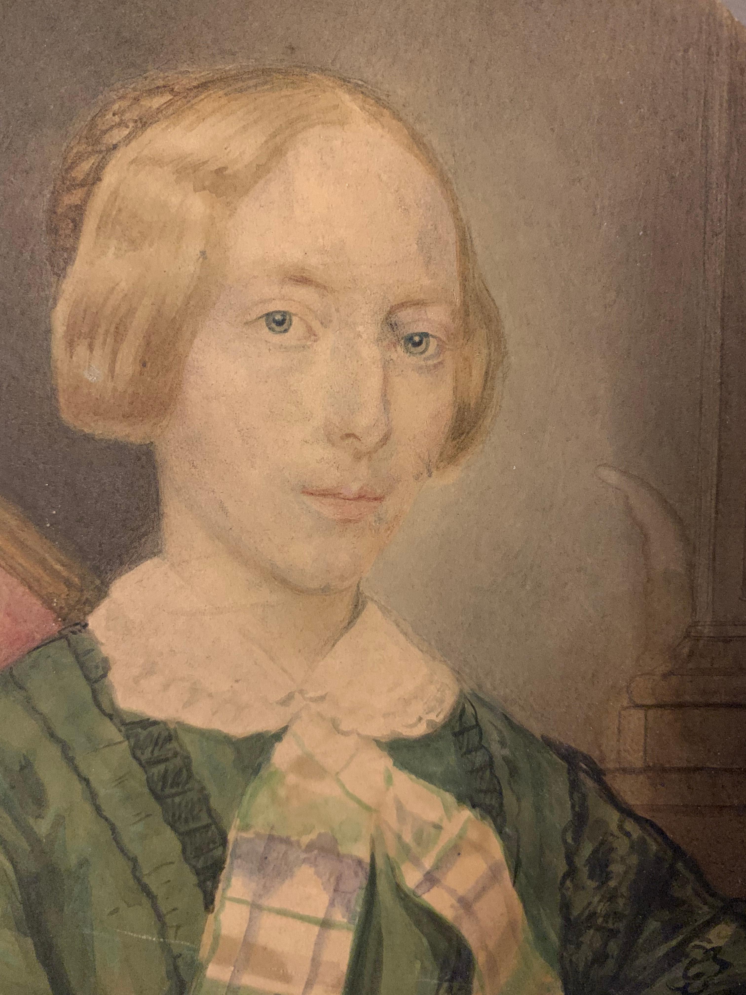 Portrait of blonde girl with green dress on paper. SIgnés and Dated 1851. For Sale 6