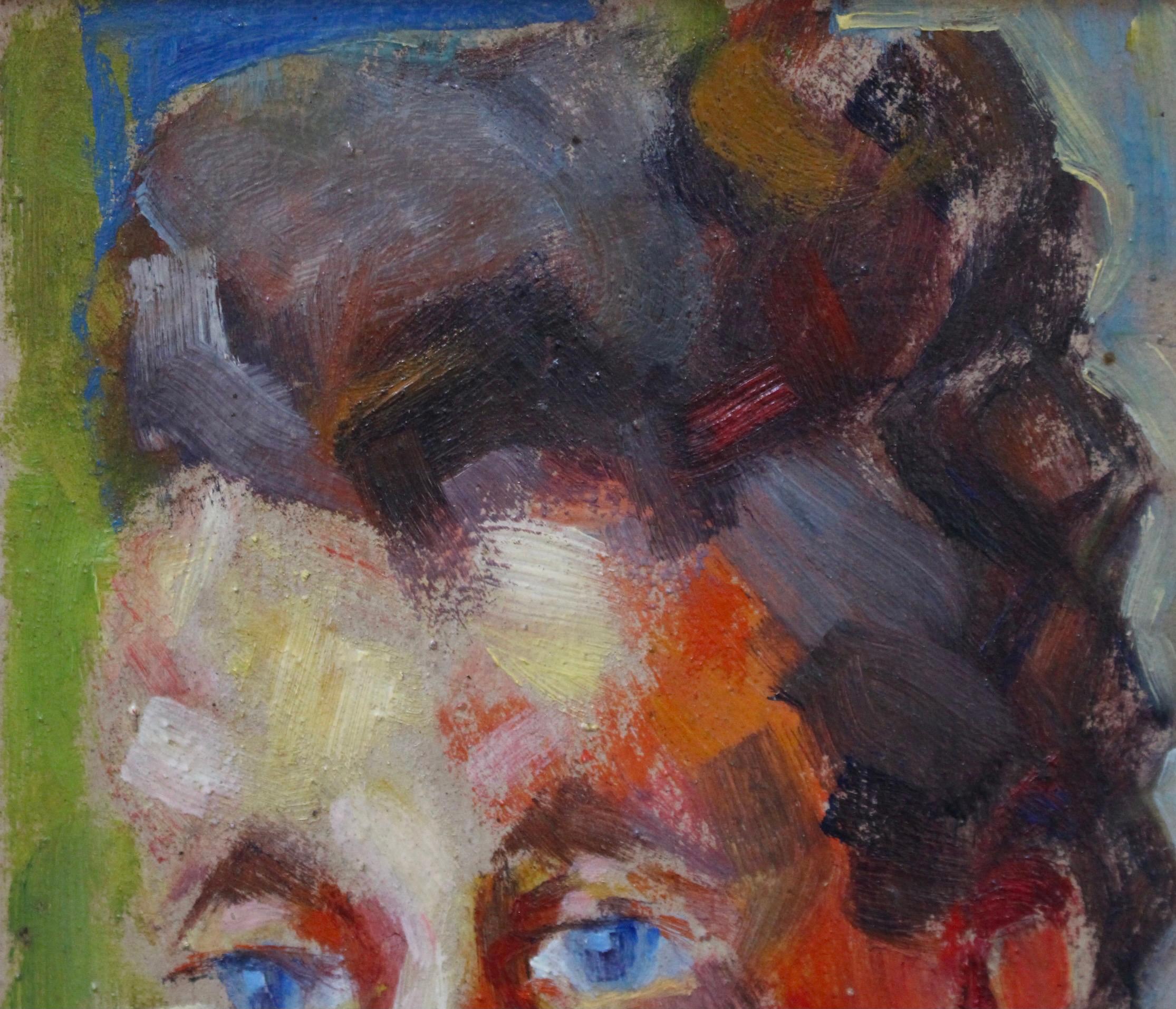 'Portrait of Blue-Eyed Woman', oil on board, signed by artist, Ayral, French School (circa 1960s). Discovered in the South of France, this small portrait is painted with vibrant colours and bold strokes. It may be a self-portrait of the artist