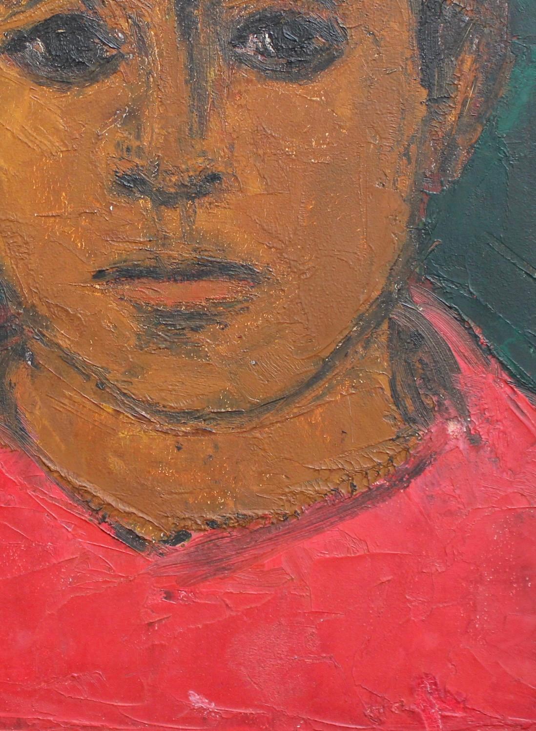 Portrait of Boy in Red - Brown Portrait Painting by Unknown
