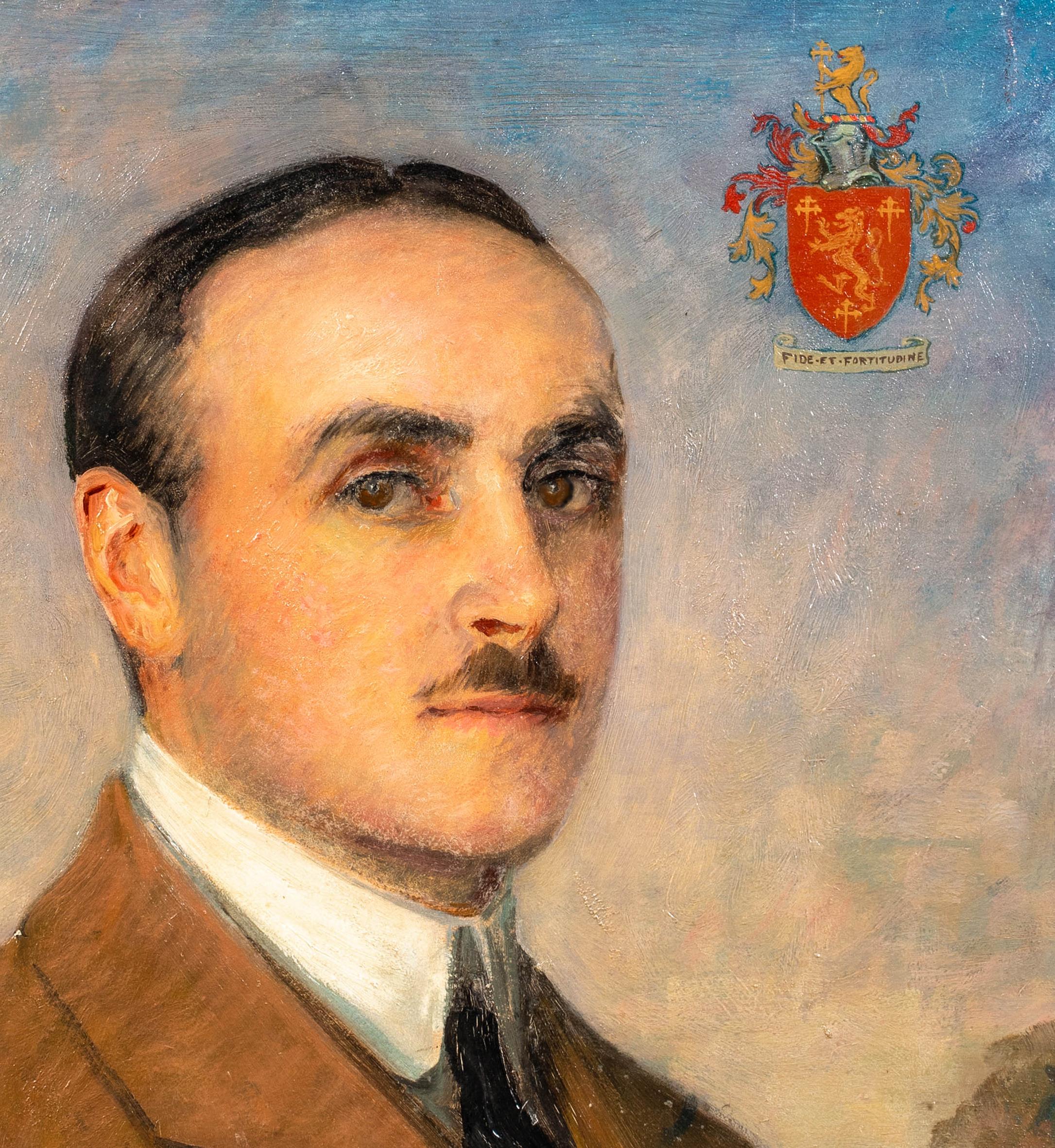 Portrait Of Captain Arthur George Coningsby Capell, dated 1915

by Charles A. Buchel (1872-1950) 

Large 1915 English portrait of Captain Arthur Capell with family coats of arms, oil on canvas by Charles Buchel. Excellent example of the artists work