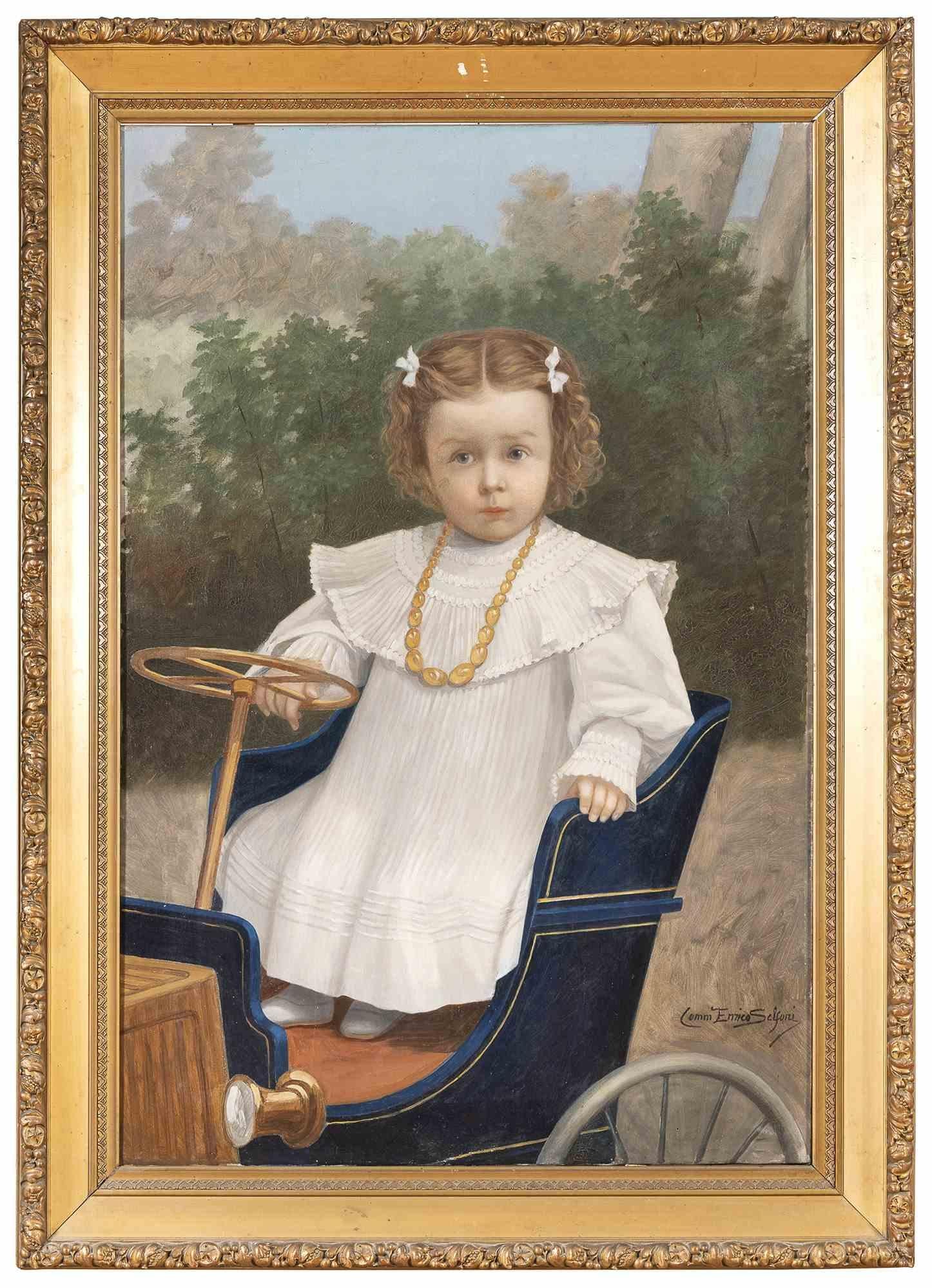 Figurative Painting Unknown - Portrait d'enfant sur une voiture - Peinture à l'huile, fin du 19ème siècle