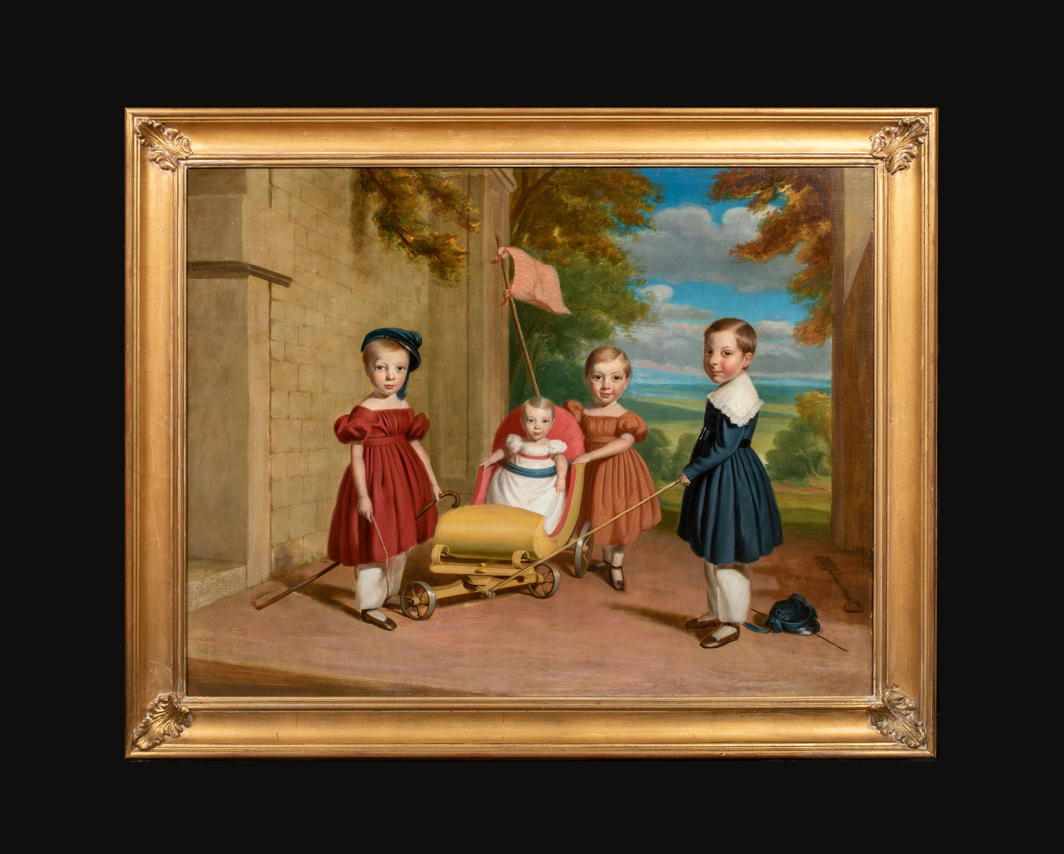 Portrait Of Children Playing, 19th Century American School - Painting by Unknown