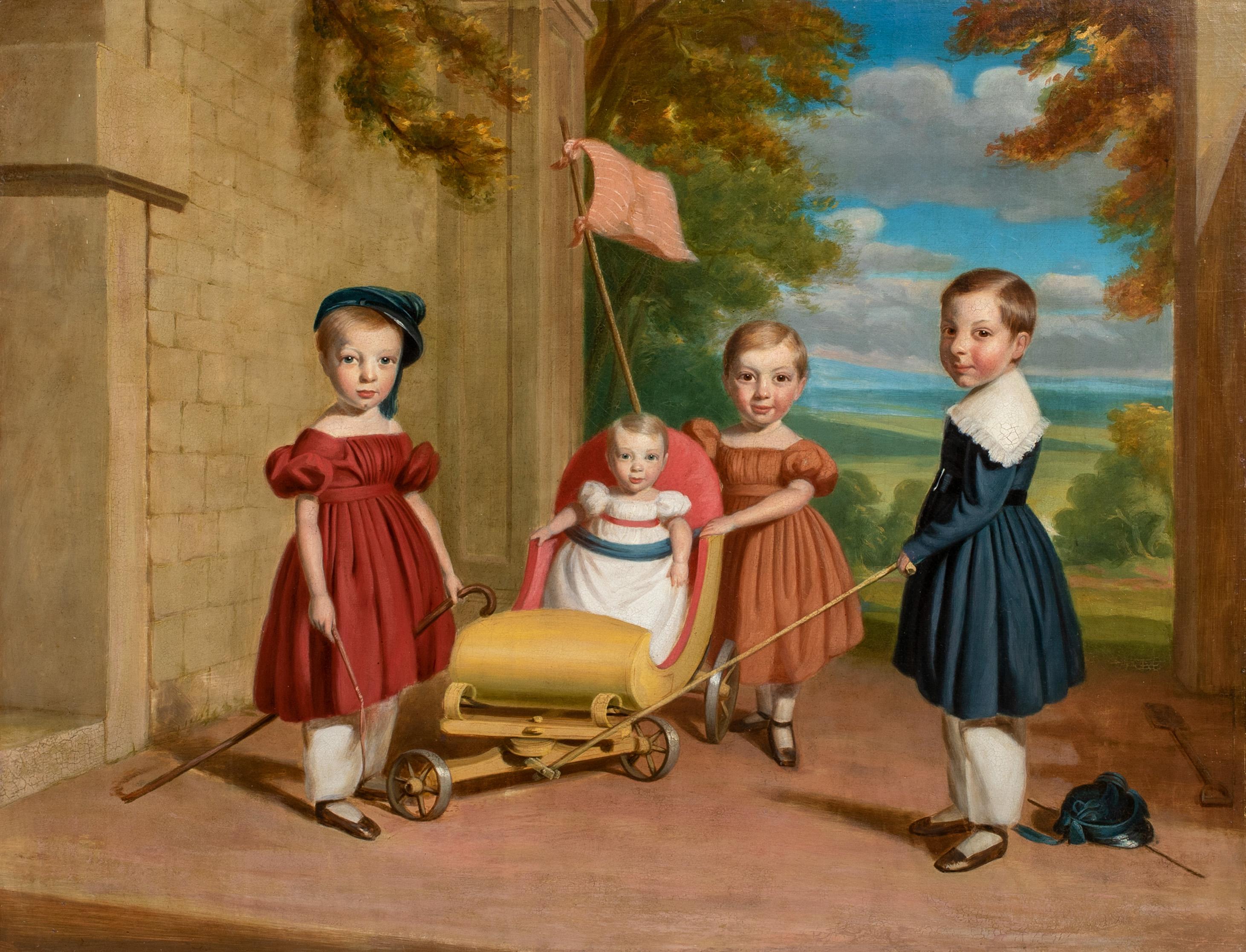 Portrait Of Children Playing, 19th Century American School - Brown Figurative Painting by Unknown