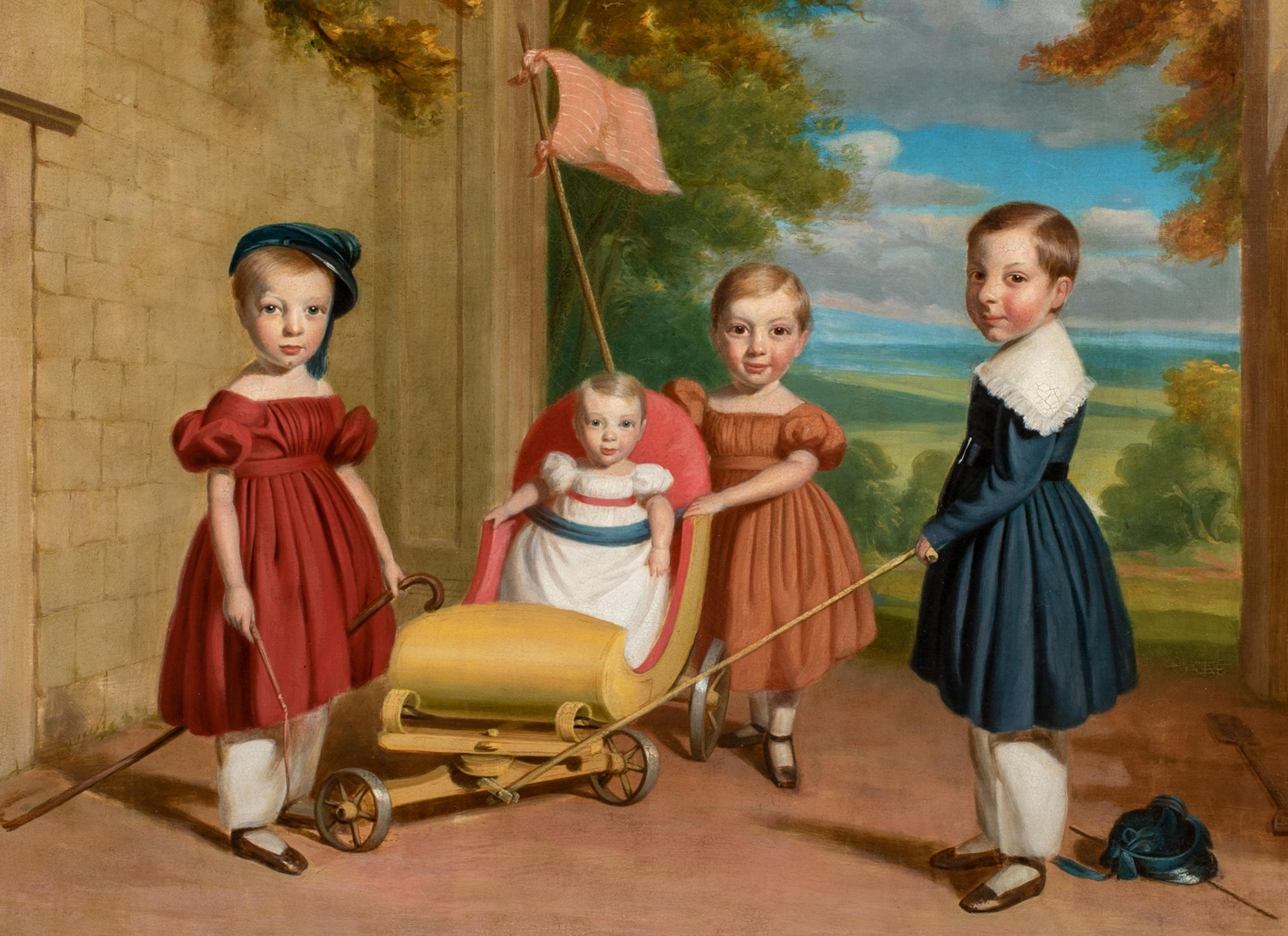 Portrait Of Children Playing, 19th Century

American School

Large 19th Century American School portrait of four children playing, oil on canvas. Excellent quality and condition charming portrait of a group of children in elaborate dress at the