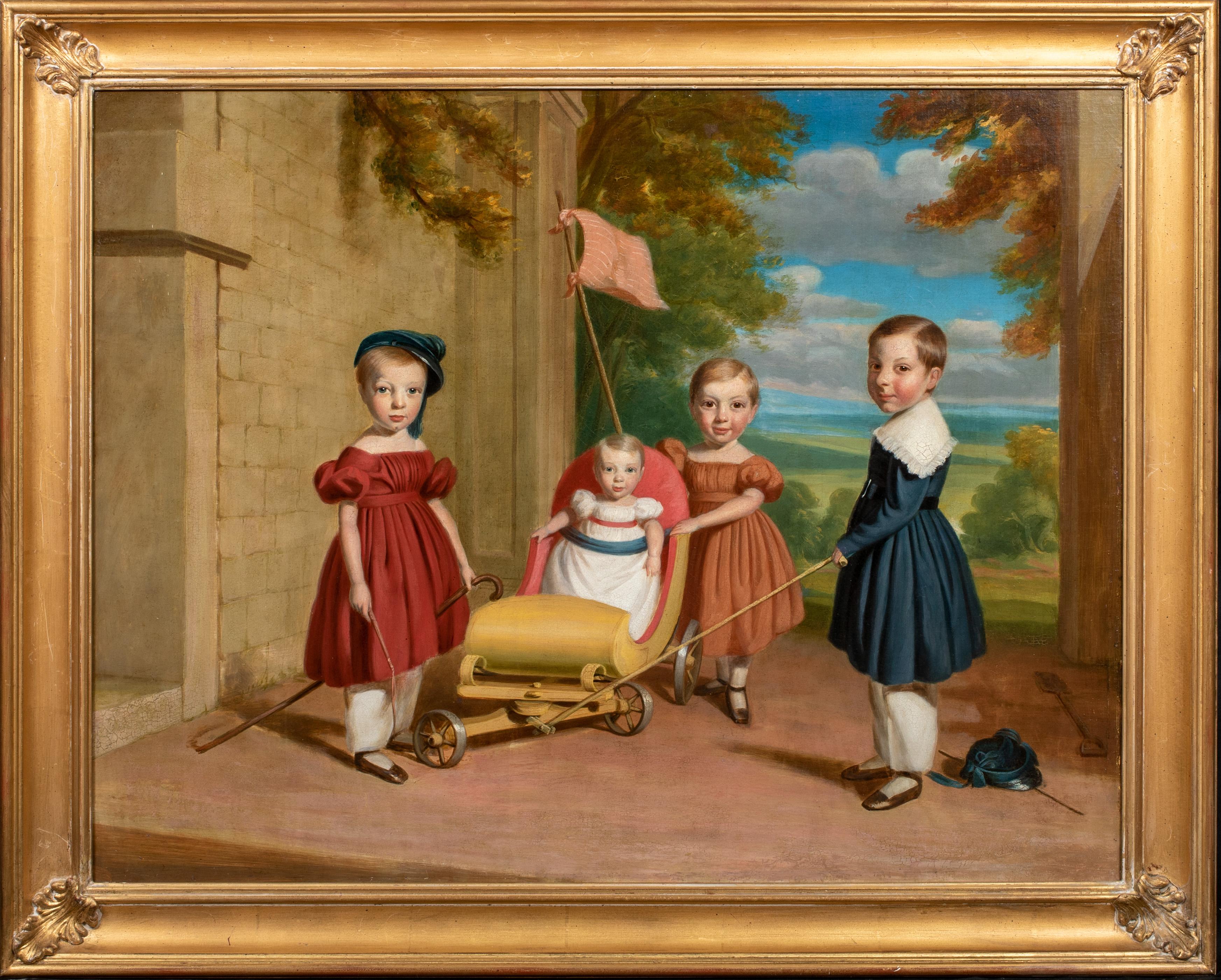 Unknown Figurative Painting - Portrait Of Children Playing, 19th Century American School