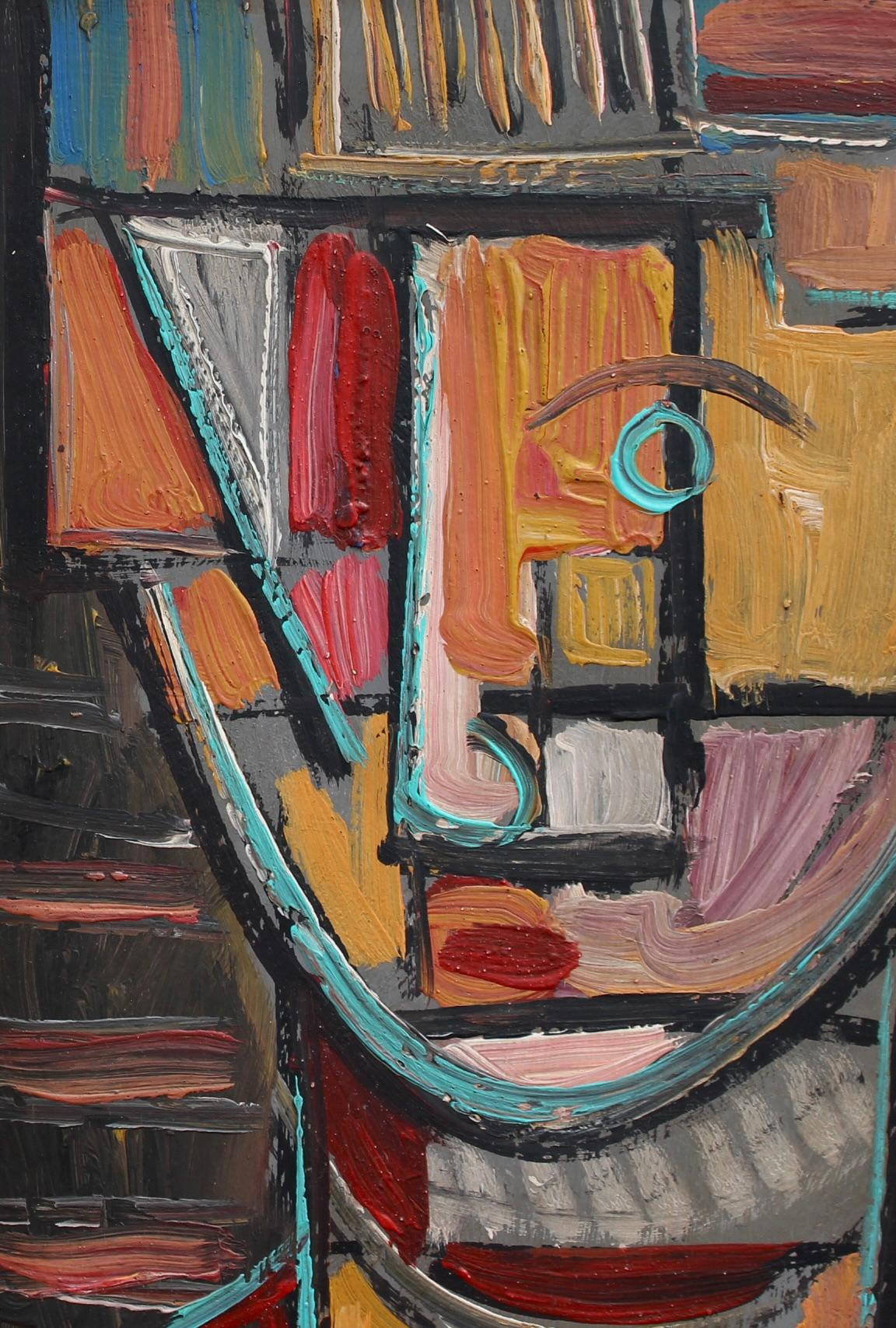 'Portrait of Cubist Man', oil on board, Berlin School (circa 1960s). A striking cubist depiction, this is a vibrant portrait of a figure in geometric perspective. The varied hues - brown, orange, turquoise, red, yellow, clay, and scarlet all combine