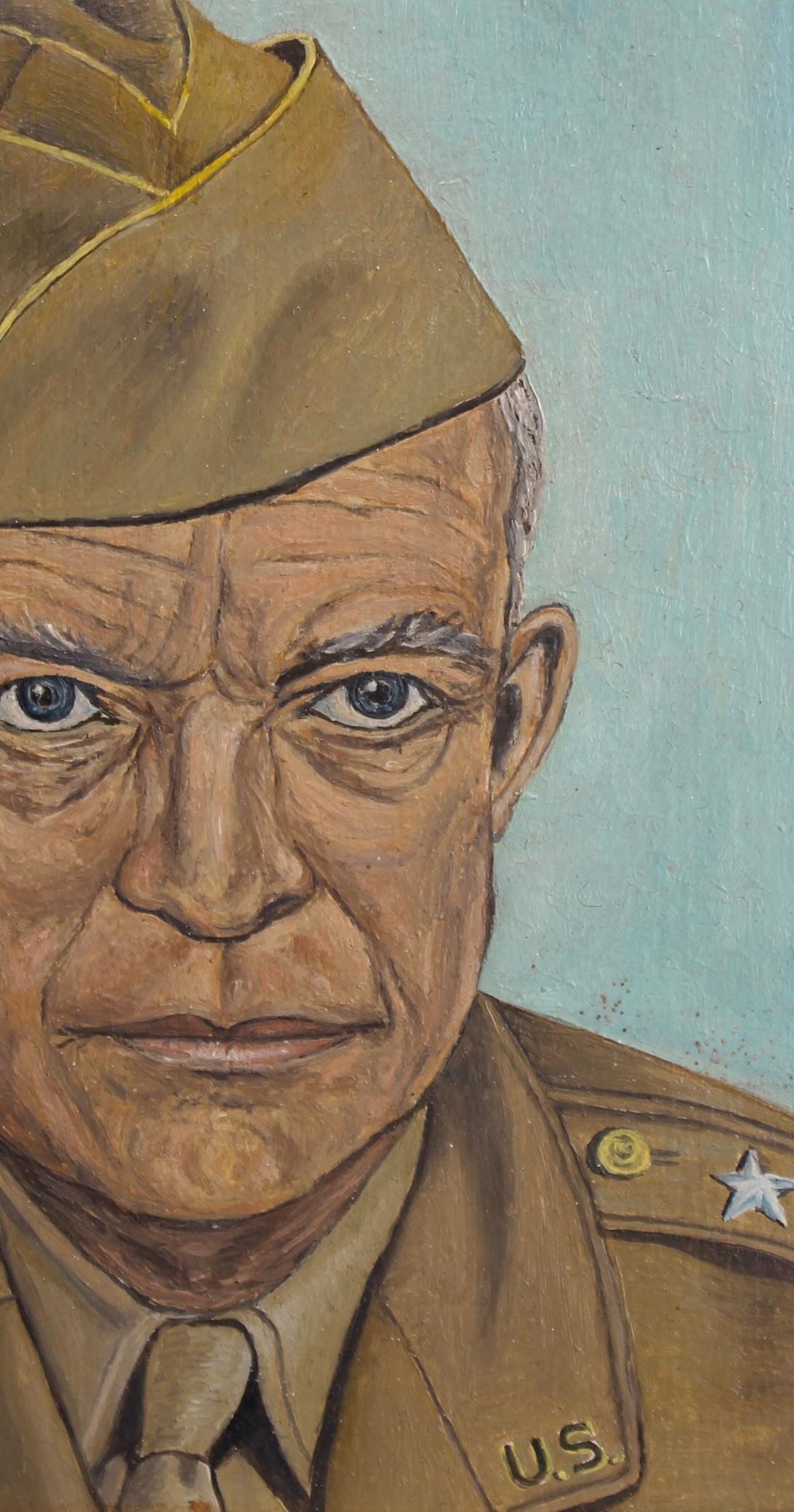 Ritratto di Dwight D. Eisenhower, olio su tavola, firmato Girardet, scuola francese (circa anni '50). Un irresistibile ritratto a olio d'epoca del generale Dwight D. Eisenhower, una delle figure più influenti del XX secolo. Scoperta nel sud della