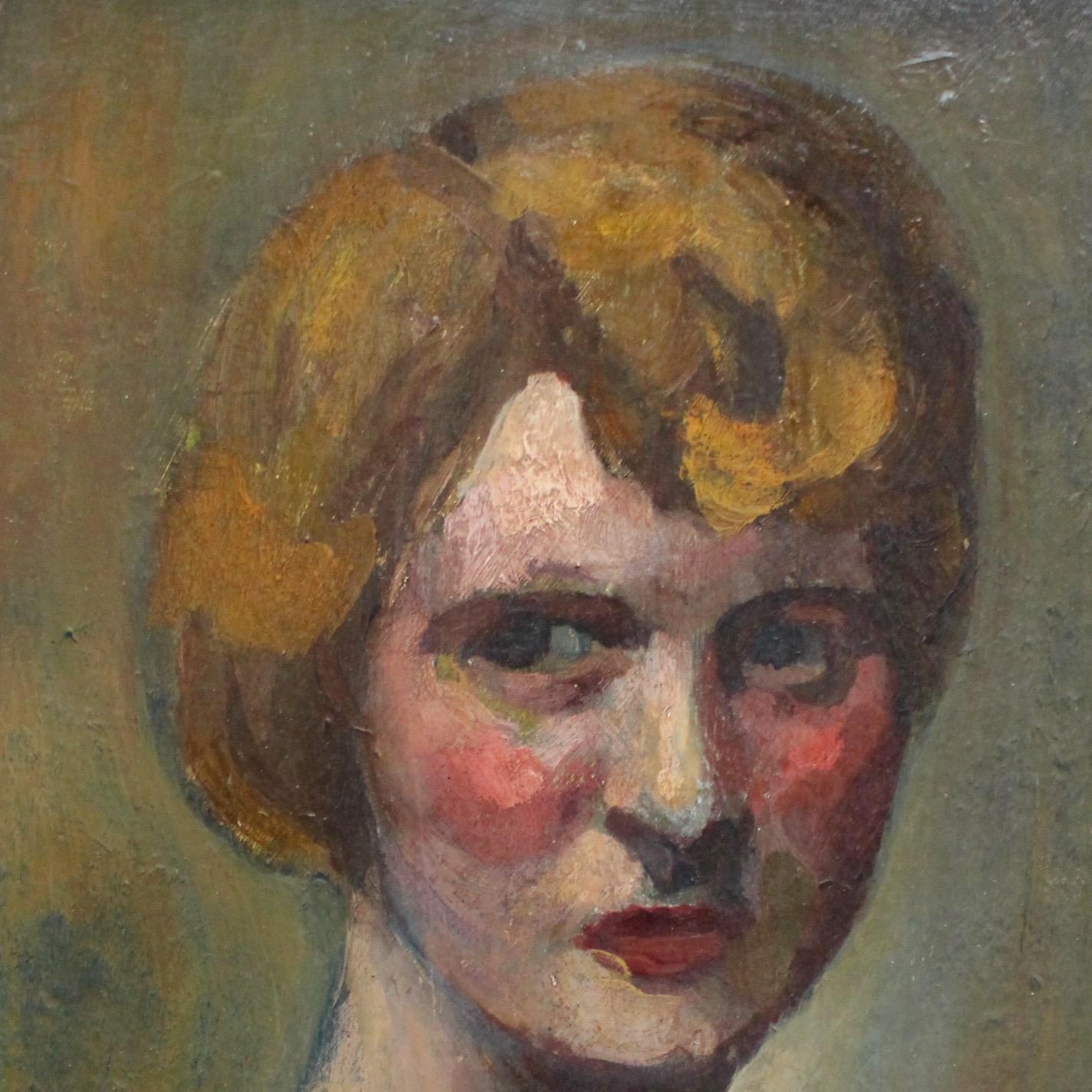 „Porträt einer Earnest-Frau“ eines unbekannten Künstlers:: französisches Ölgemälde:: um 1930 (Braun), Figurative Painting, von Unknown