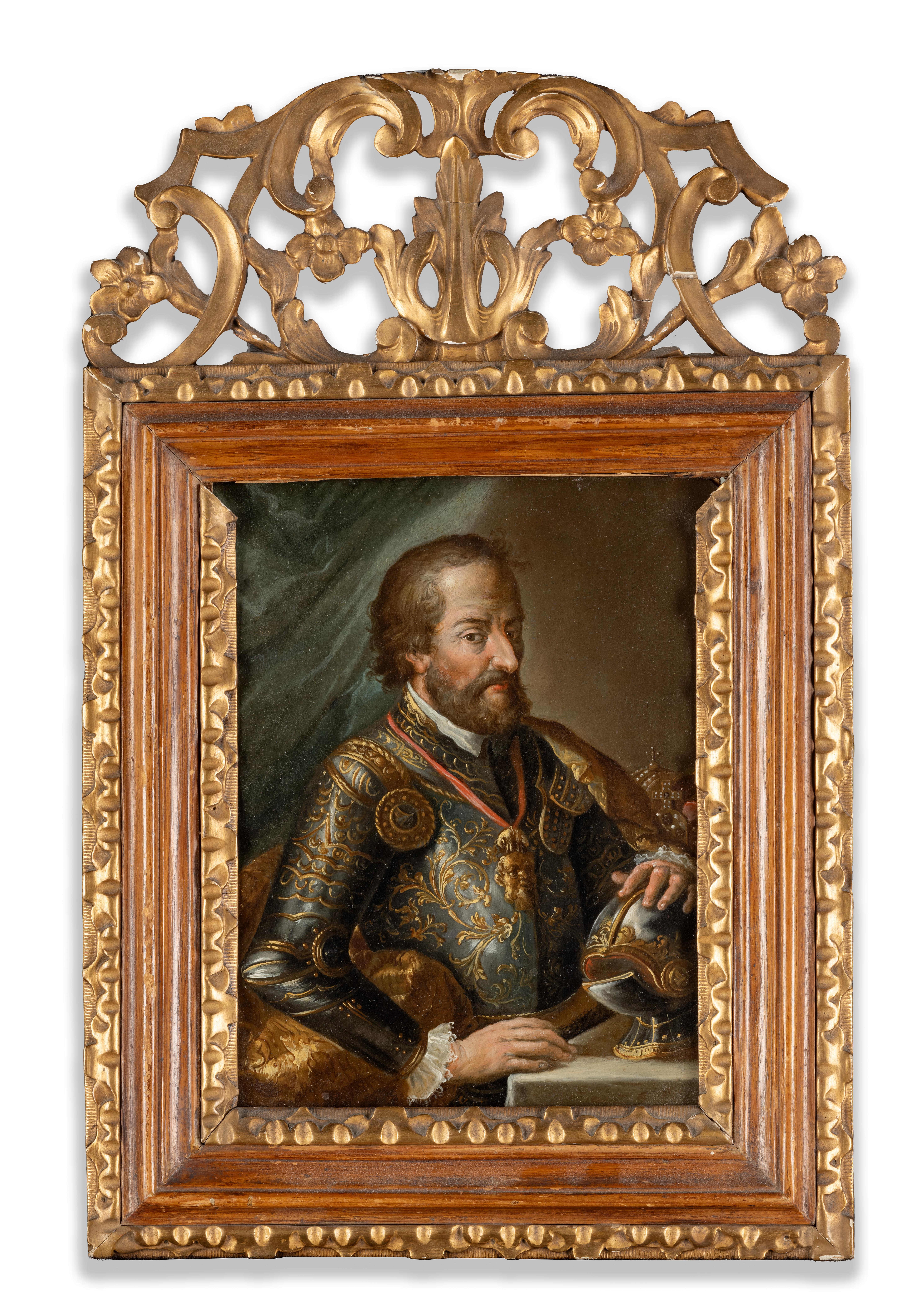 Portrait Painting di Unknown - Ritratto dell'imperatore Ferdinando I. Scuola di Praga, XVII secolo, Rame, Antico Maestro