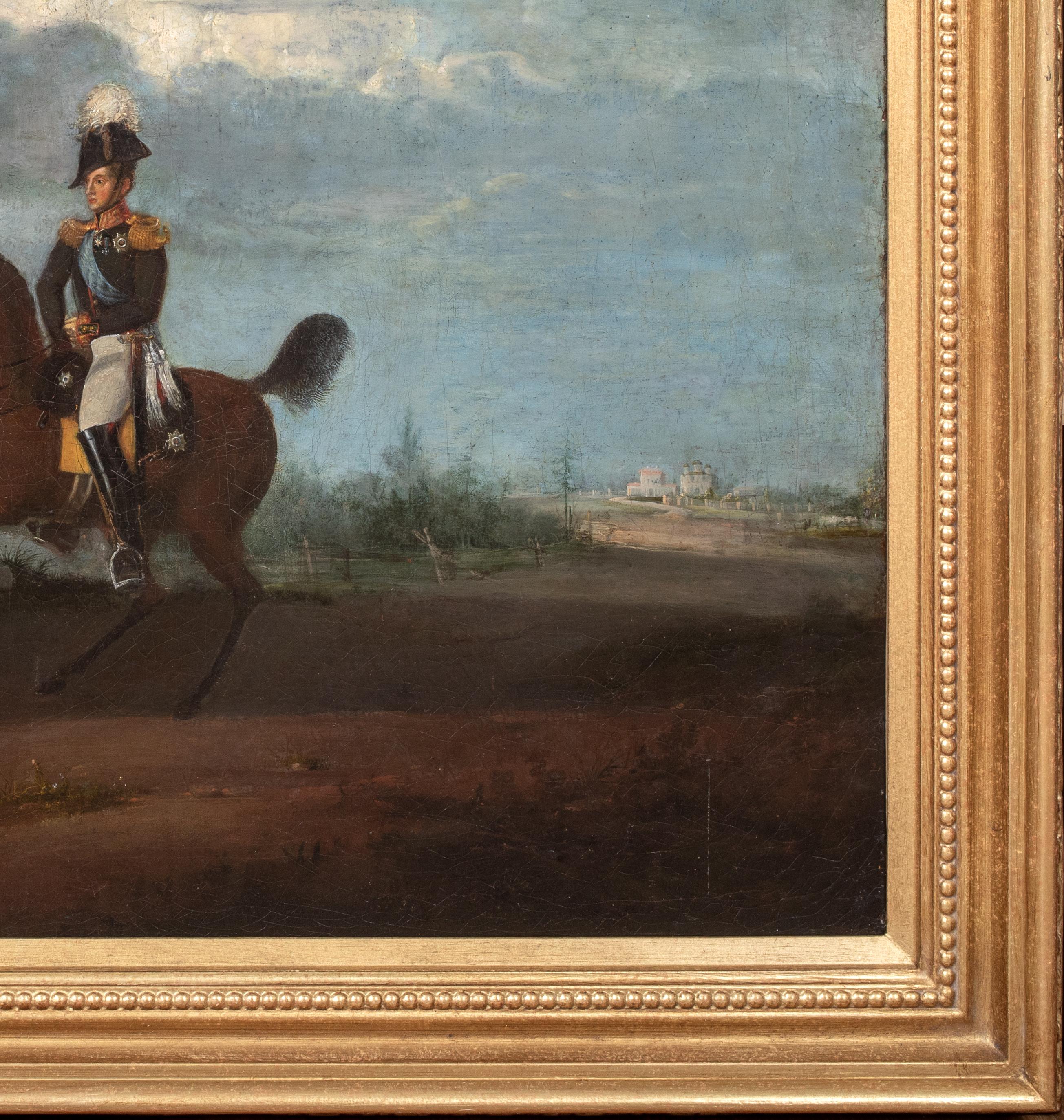Ritratto dell'imperatore Nicola I di Russia (1796-1855) a cavallo, XIX secolo

cerchia di Heinrich Muller (1781-1851)

Grande ritratto del XIX secolo di Nicola I, imperatore di Russia a cavallo, olio su tela. Scena in grande scala di un giovane