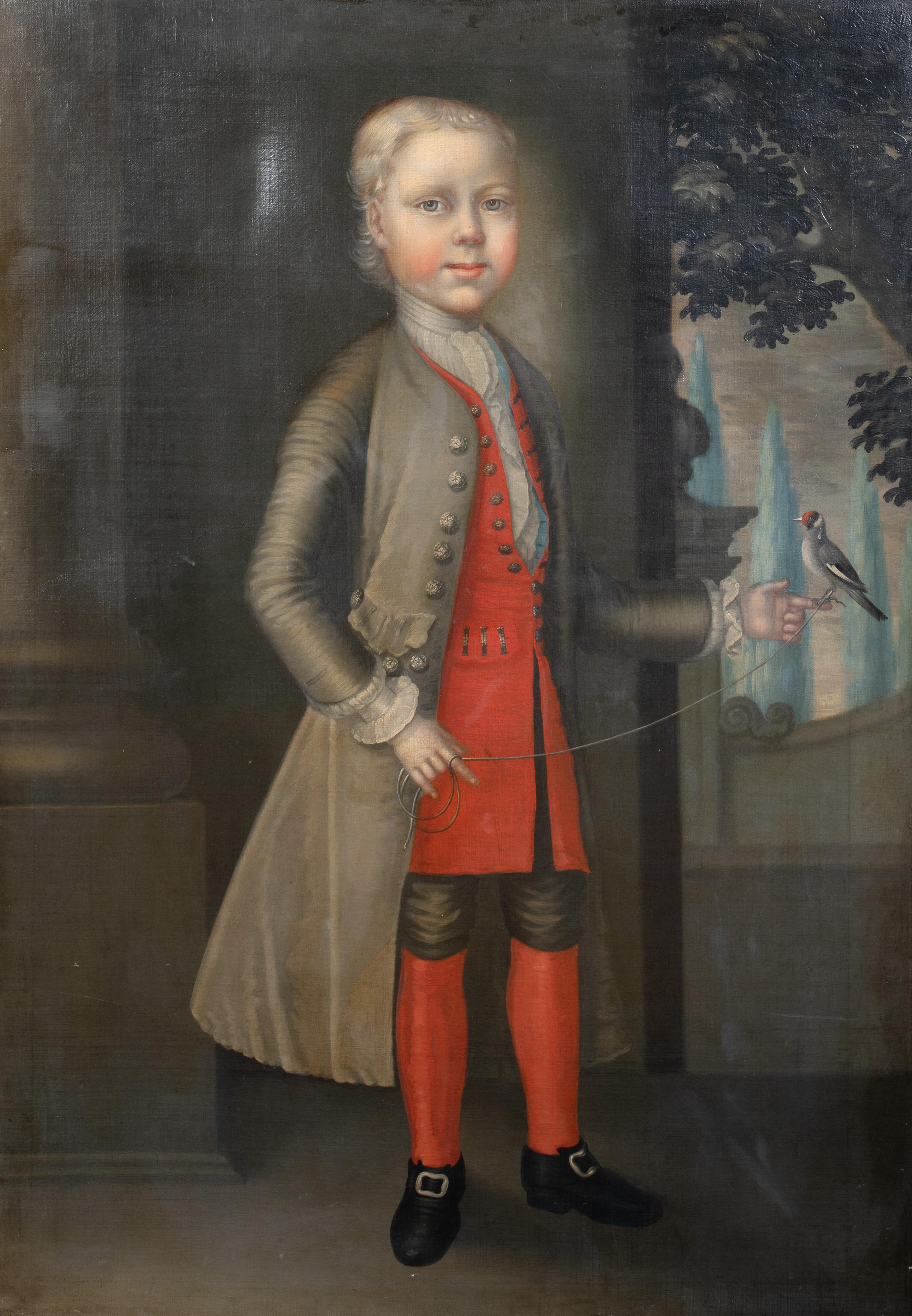 Portrait de George Savage de Princeton, tenant un oiseau de compagnie 18e siècle - Noir Portrait Painting par Unknown