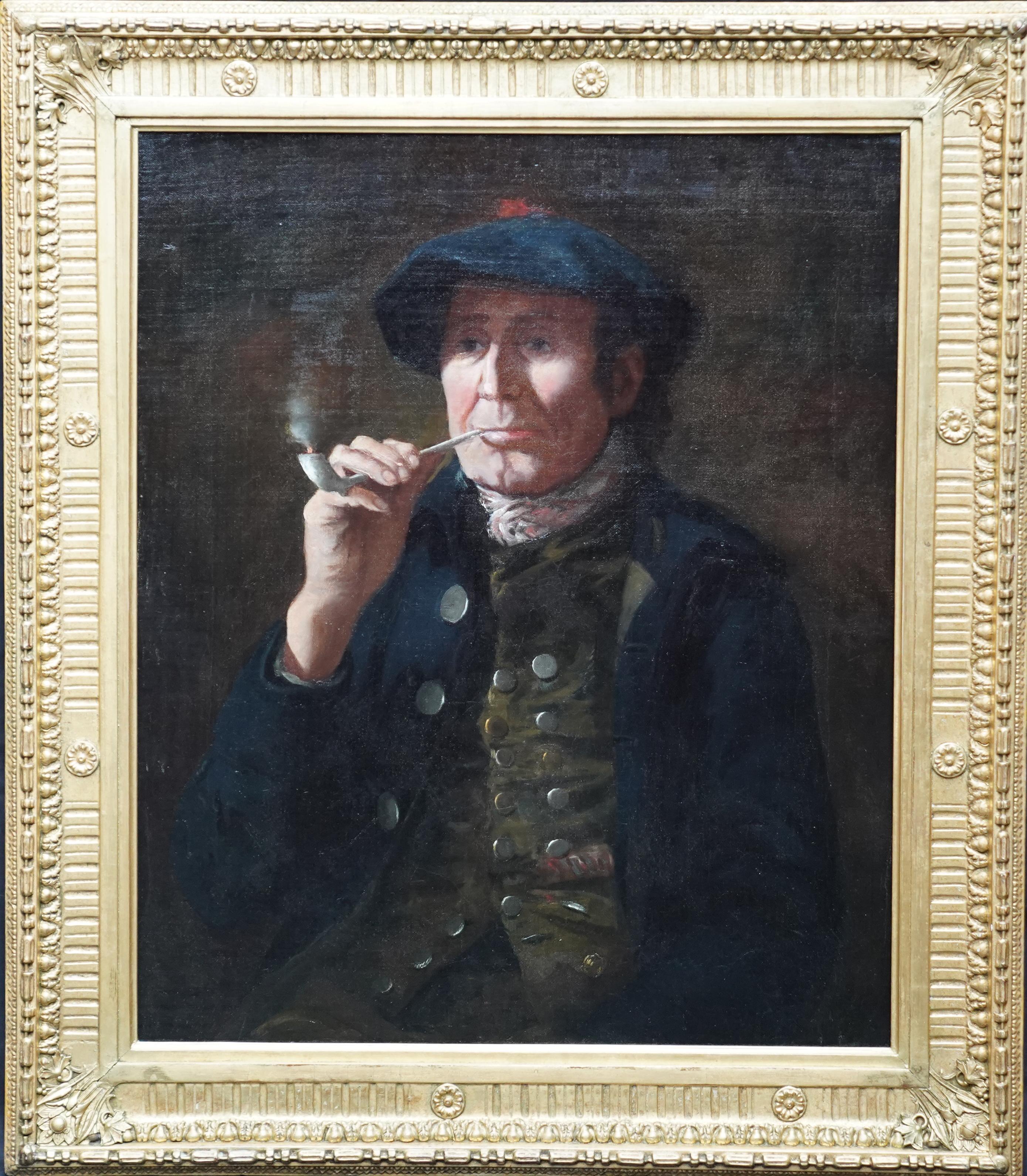 Unknown Portrait Painting - Portrait of Scottish Gentleman with Clay Pipe - 18th century art oil painting 