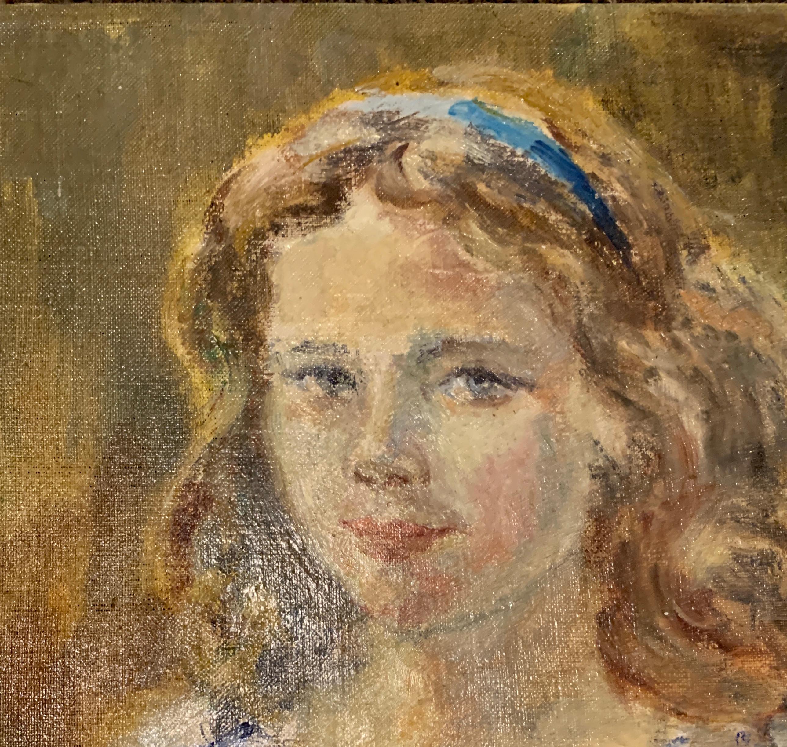 Portrait of Girl In Blue And White Dress by Bielecka/ Oil On Canvas - Painting by Unknown