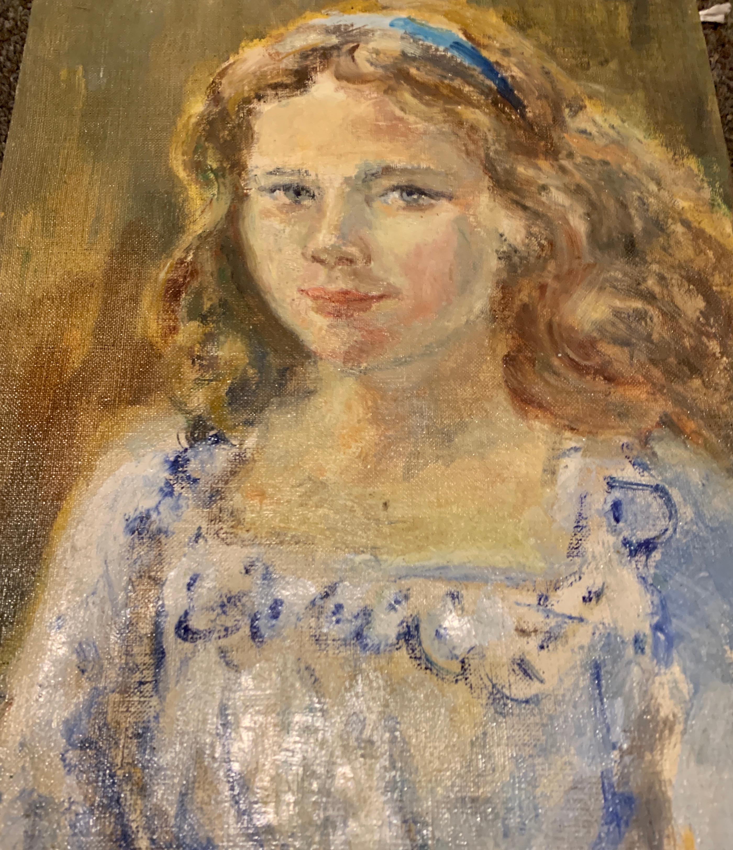 Unknown Portrait Painting - Portrait of Girl In Blue And White Dress by Bielecka/ Oil On Canvas