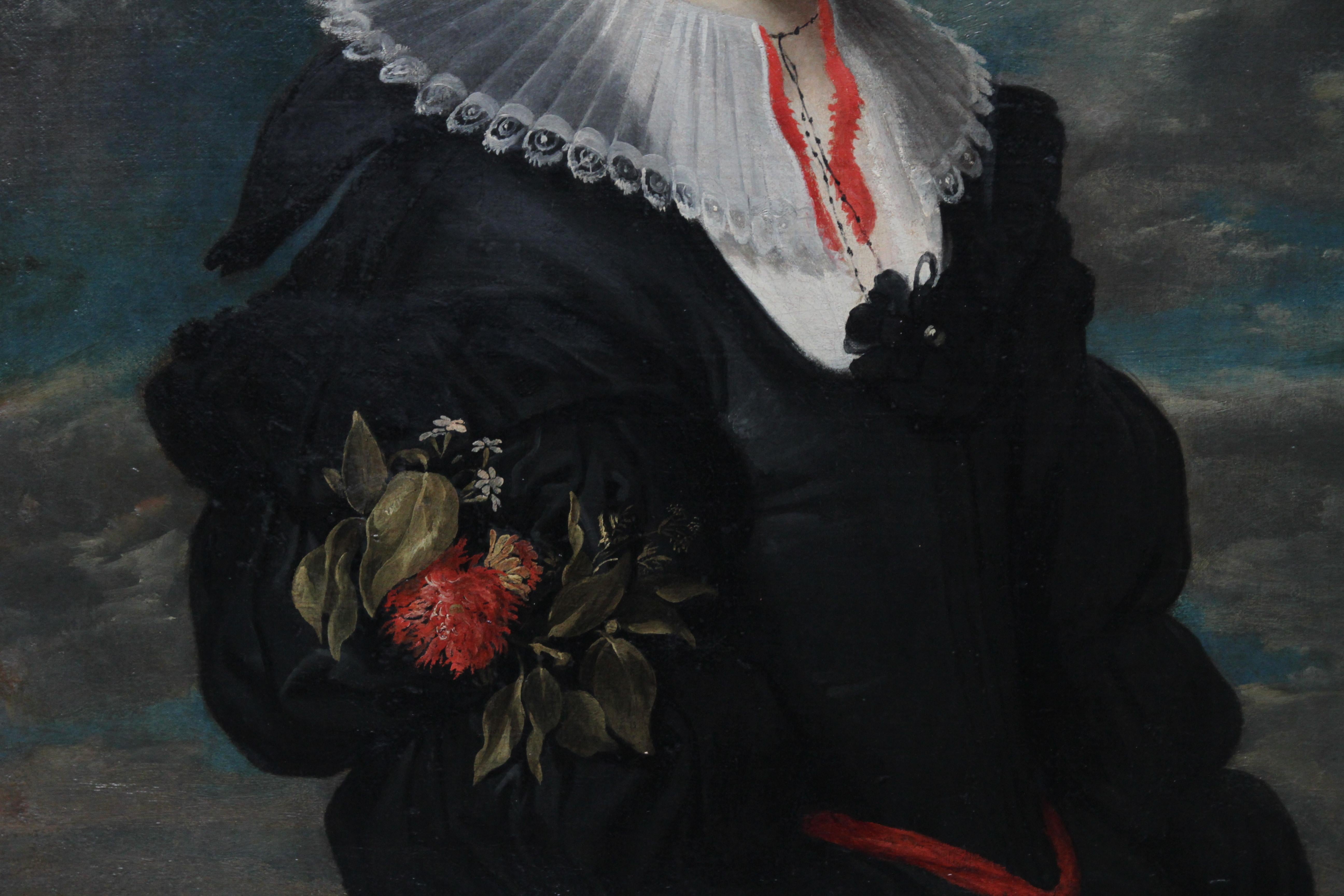 Dieses atemberaubende Porträt-Ölgemälde Alter Meister aus dem 18. Jahrhundert wurde früher Sir Peter Paul Rubens zugeschrieben. Die Dargestellte, Helena Fourment oder Hélène Fourment (11. April 1614 - 15. Juli 1673), war nämlich die zweite Ehefrau