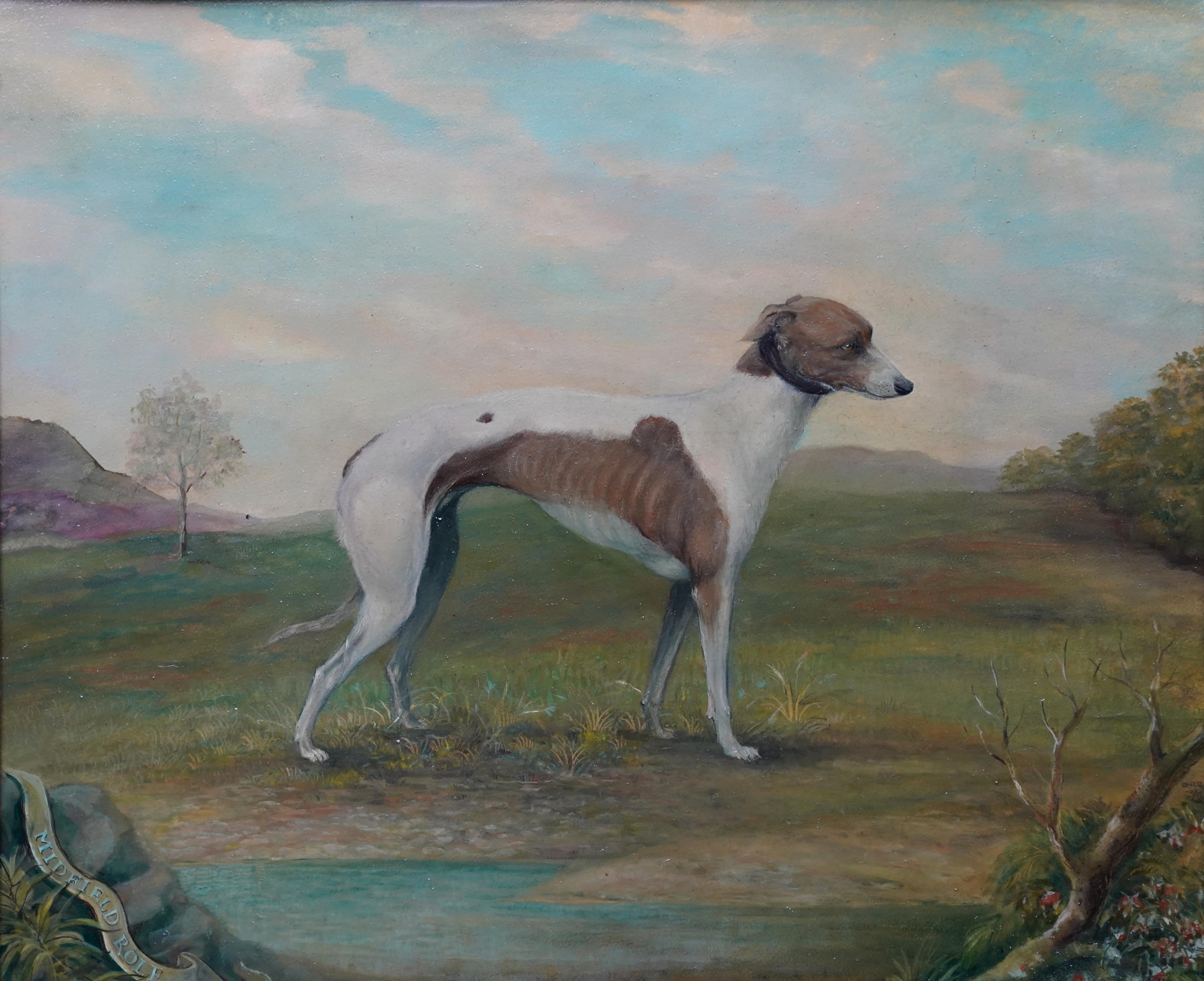Portrait of Italian Greyhound Midfield Role - British sport art dog oil painting - Painting by Unknown