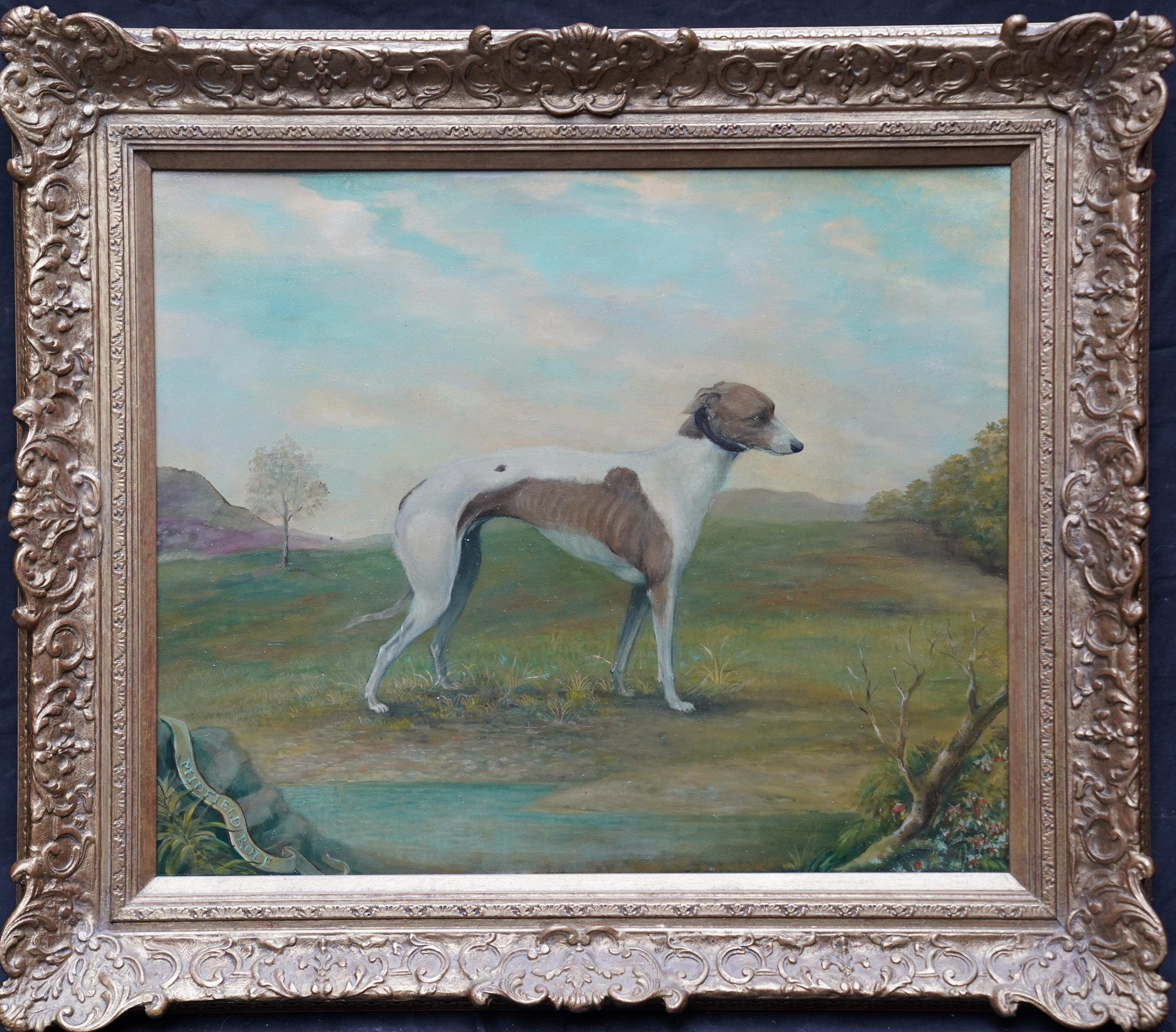 Animal Painting de Unknown - Retrato de galgo italiano Papel de medio campo - British sport art pintura al óleo canina
