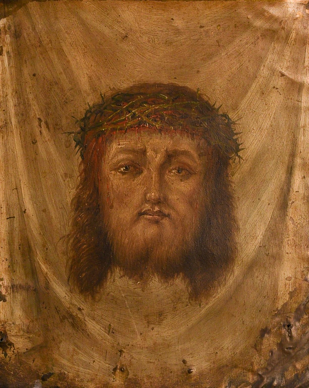 Ritratto di Gesù Cristo con corona di spine su pannello di zinco o piombo - Painting di Unknown