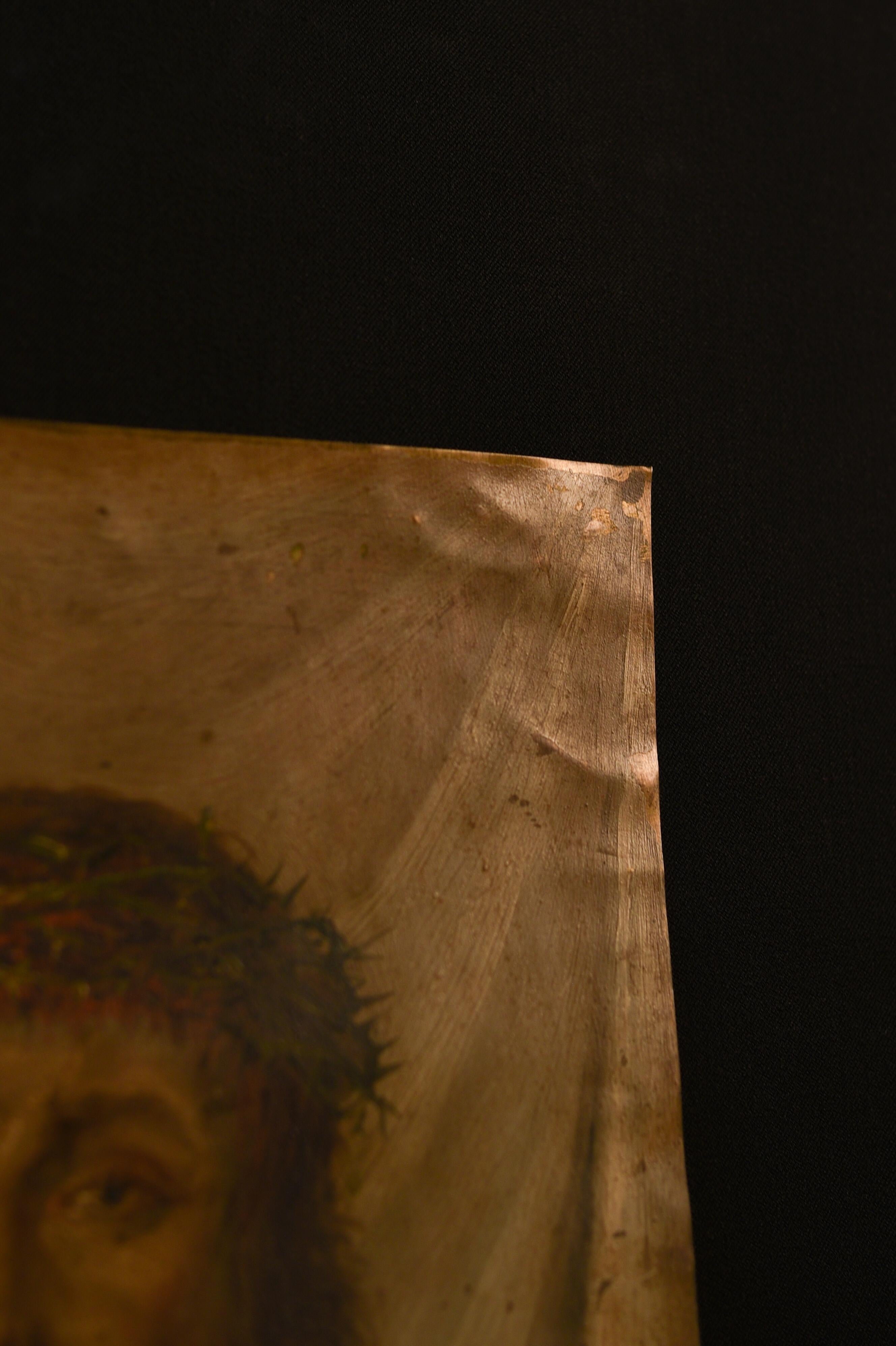Ritratto di Gesù Cristo con corona di spine su pannello di zinco o piombo - Portrait Painting Nero di Unknown