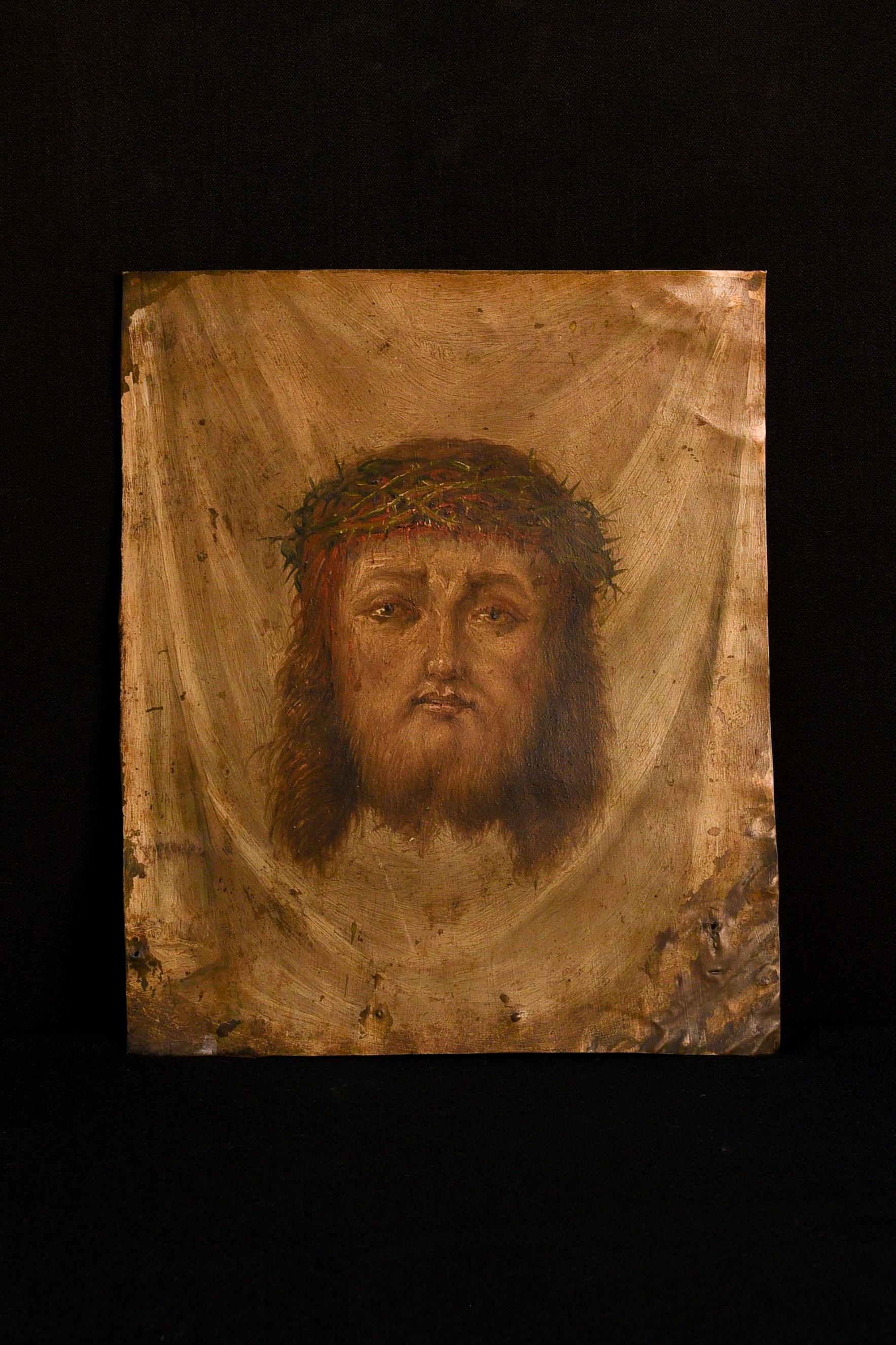 Portrait Painting Unknown - Portrait de Jésus-Christ avec couronne d'épines sur panneau de zinc ou de plomb