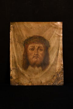 Vintage Portrait of Jesus Christ with thorn crown on zinc or lead panel
