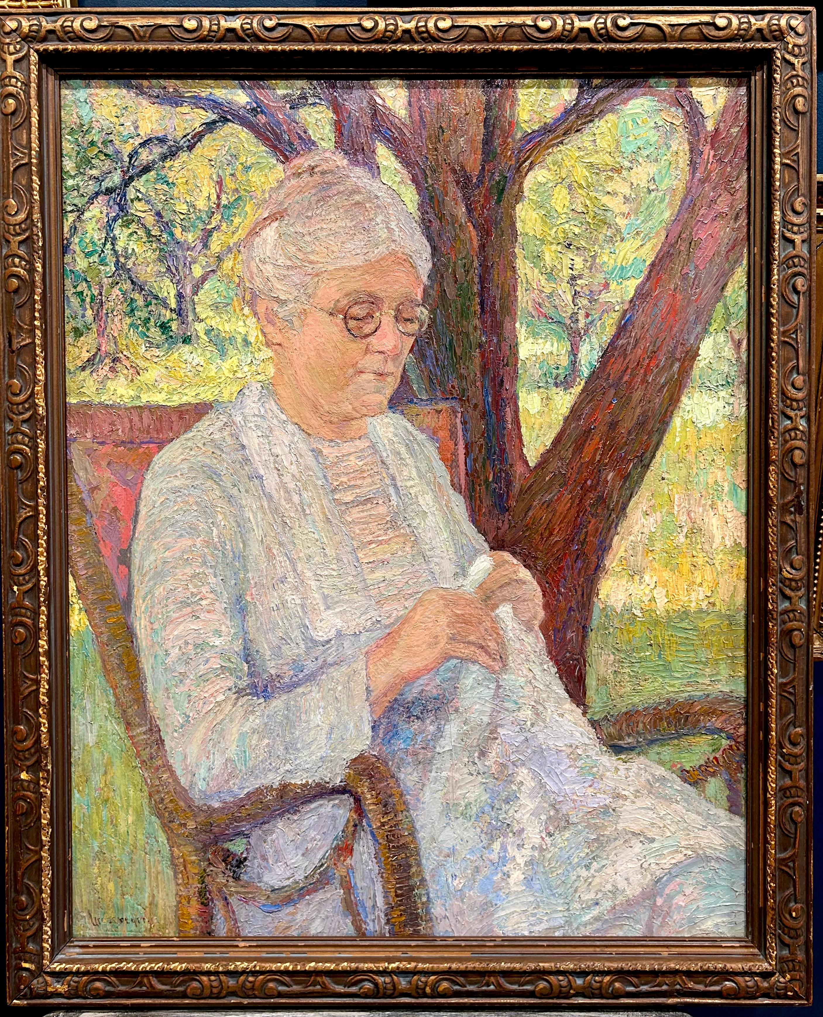 Portrait d'une dame dans un fauteuil à bascule en plein air - Painting de Unknown