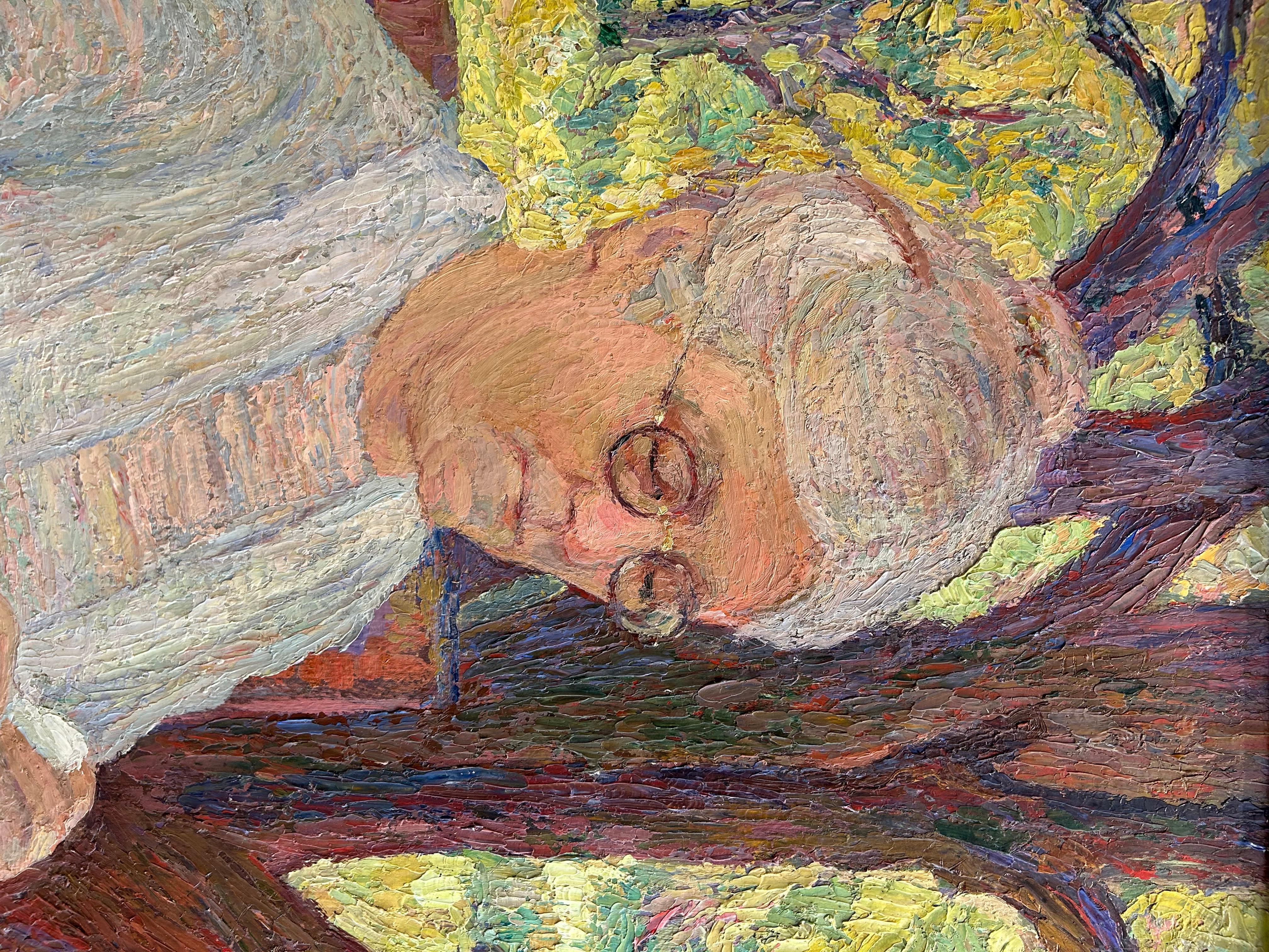 Portrait d'une dame dans un fauteuil à bascule en plein air - Impressionnisme Painting par Unknown