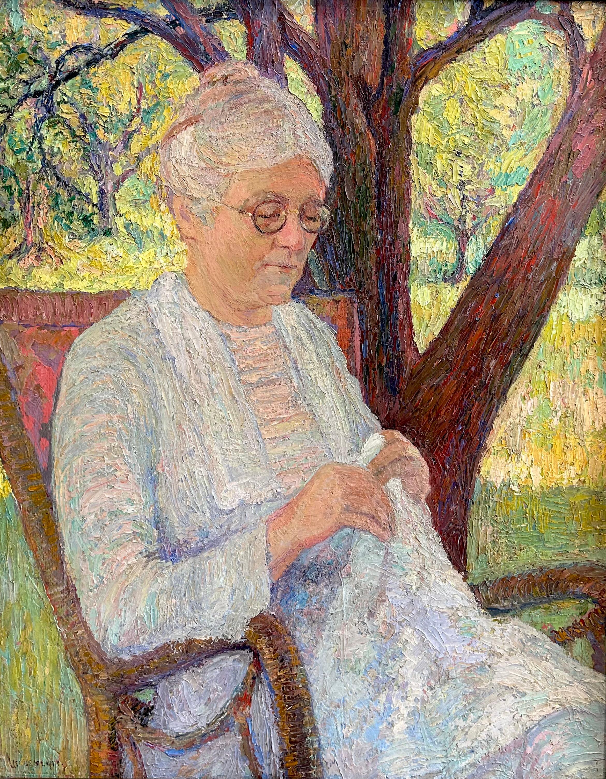 Figurative Painting Unknown - Portrait d'une dame dans un fauteuil à bascule en plein air