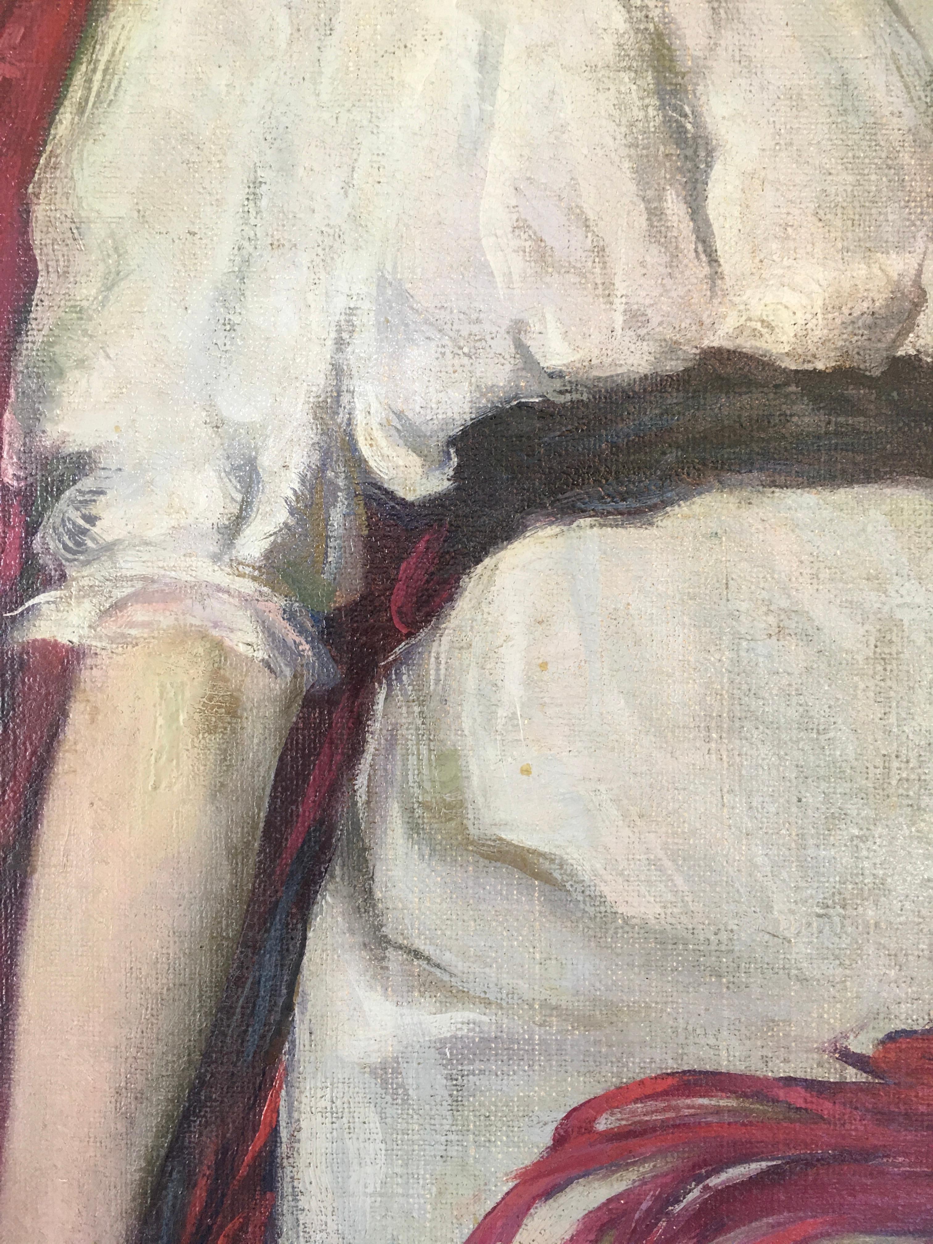 'Portrait of Lady in White', is a beautiful oil painting of a seated woman, presumably painted in the early 20th century. It is by an Unknown Artist of the Boston School. This is a 3/4ths seated portrait, not quite full body as the figure's legs