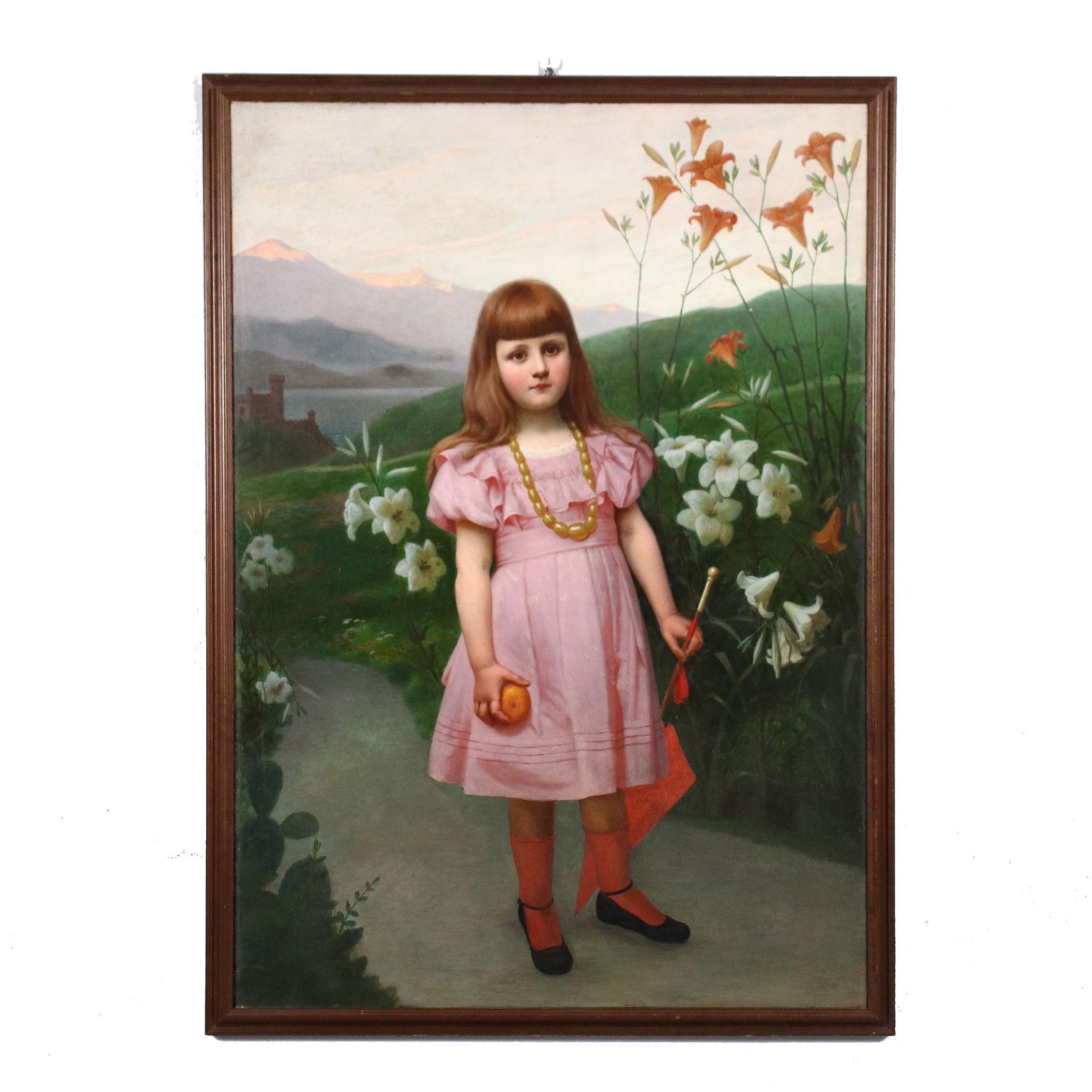 Unknown Portrait Painting - Portrait of Little Girl Oil on Canvas Italy XIX Century