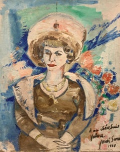 Vintage Portrait of Lucie Valor, Medium Size Vertical Figurative Mixed Media on Canvas