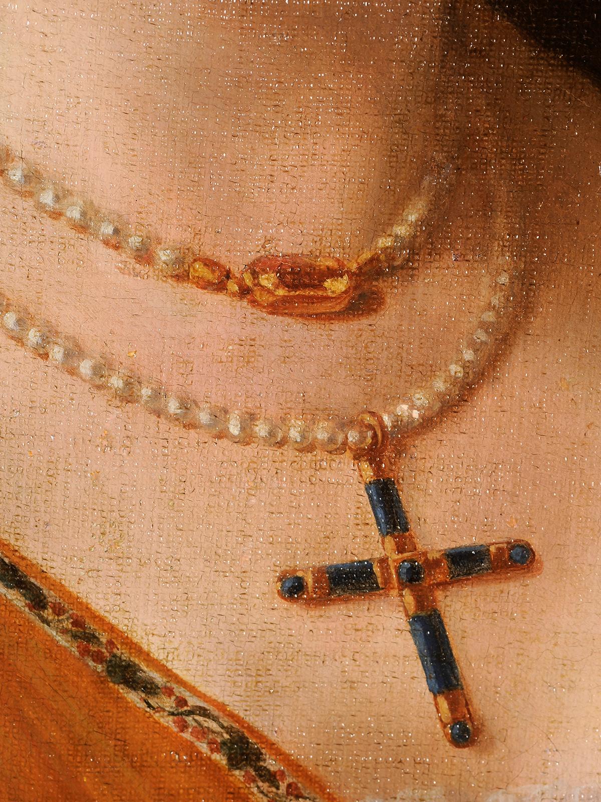 Escuela francesa hacia 1815
Retrato de Madame Leblond
Óleo sobre lienzo
H. 66 cm; Anch. 55 cm
Nombre en el reverso

Comparable a las obras de pintores como Louis Hersent, nuestro retrato, sin firma, es sin duda de muy buena mano. Vestida con un