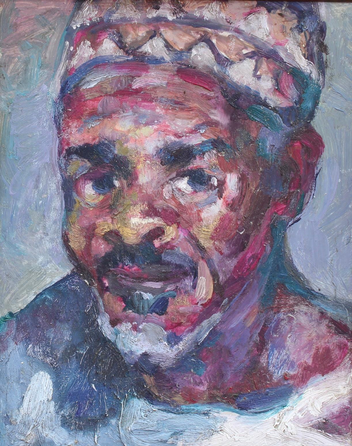 'Portrait of Man in Cap', oil on canvas, French School (circa 1960s-70s). This artwork was discovered in the South of France. A splendid portrait it is and is most likely from one of the countries in French-speaking Africa. Most of those countries