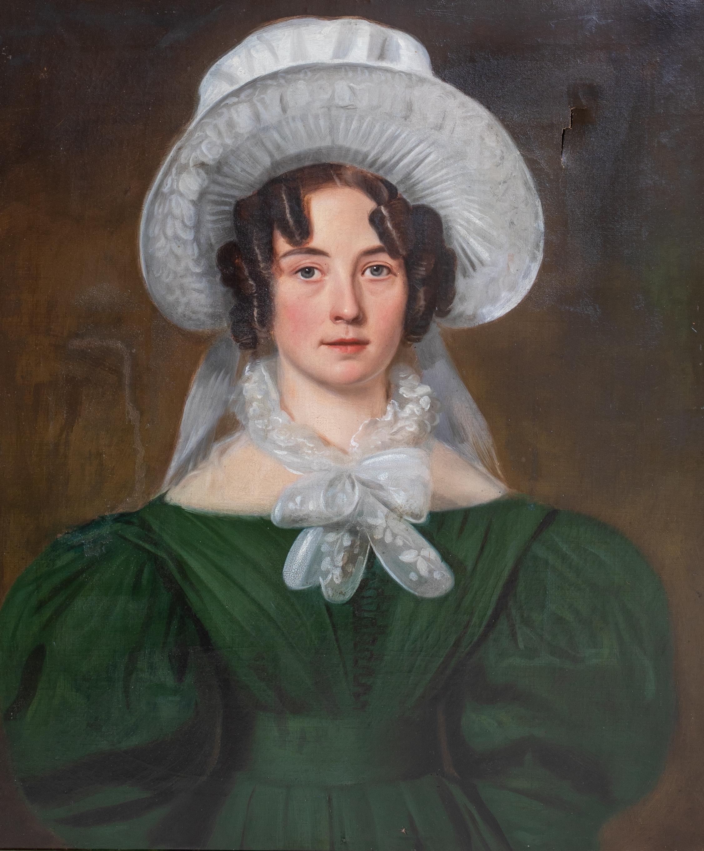 Portrait Of Matilda Currie, aged 28, Wearing an elaborate Bonnet, 19th Century

British School 

Large 19th Century British Victorian School portrait of Matilda Currie aged 28 wearing an elaborate white bonnet, oil on canvas, Exceptional quality and