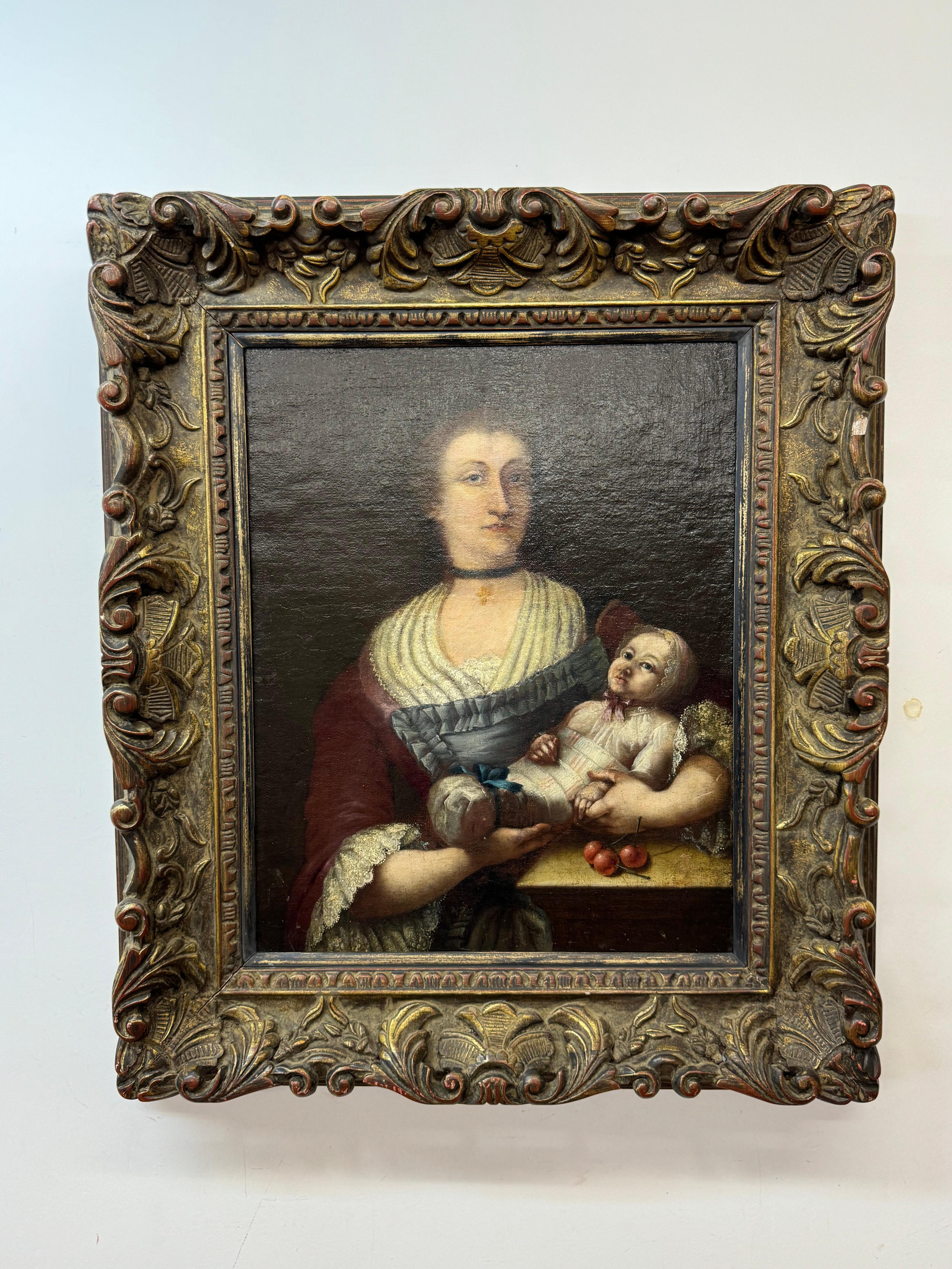 Figurative Painting Unknown - Portrait d'une mère et d'un enfant 19e siècle 