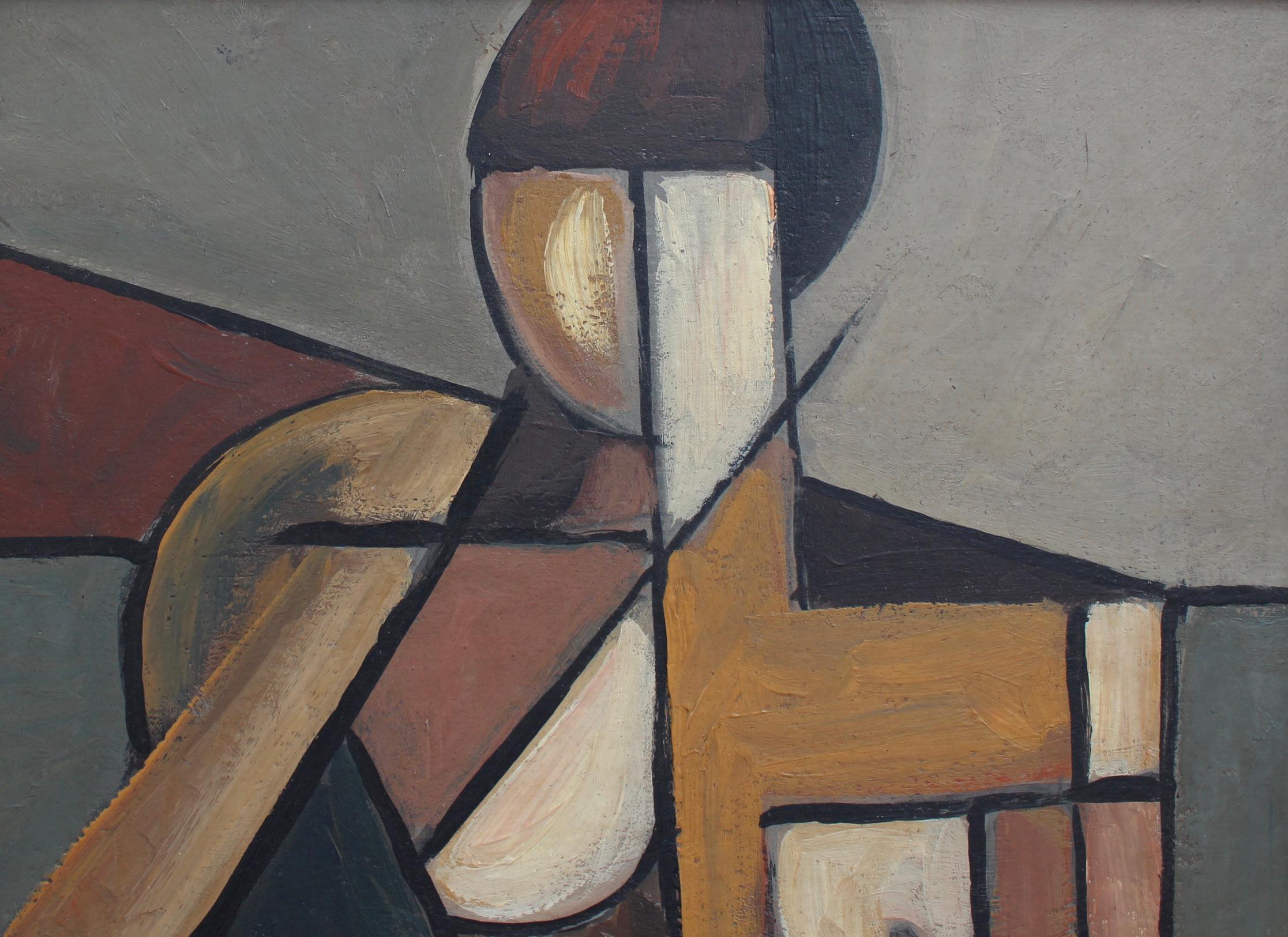 'Portrait of Seated Nude', oil on board, Berlin School by artist with initials A.M. (circa 1960s). A splendid cubist depiction, this is a significant portrait of a seated nude woman in geometric perspective. The earth-tone hues - brown, beige, clay,